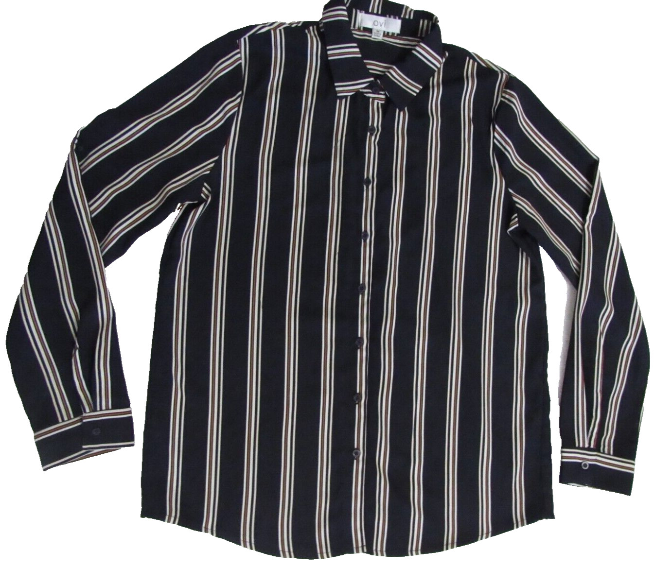 OVI women’s striped button long roll-tab sleeve shirt black white rust M