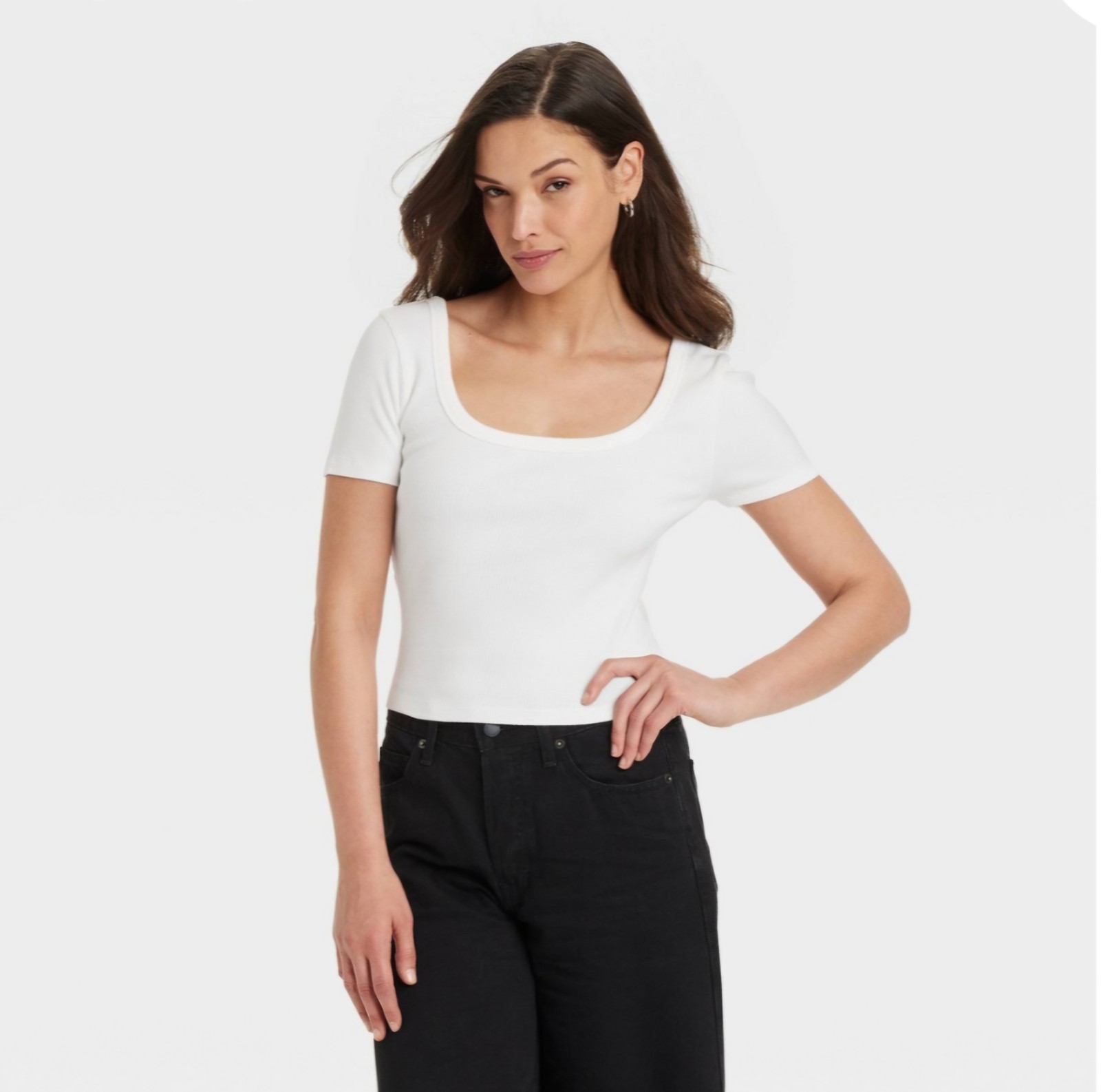 Universal Thread Women’s S Small White Ribbed Shrunken Short Sleeve Scoop Neck