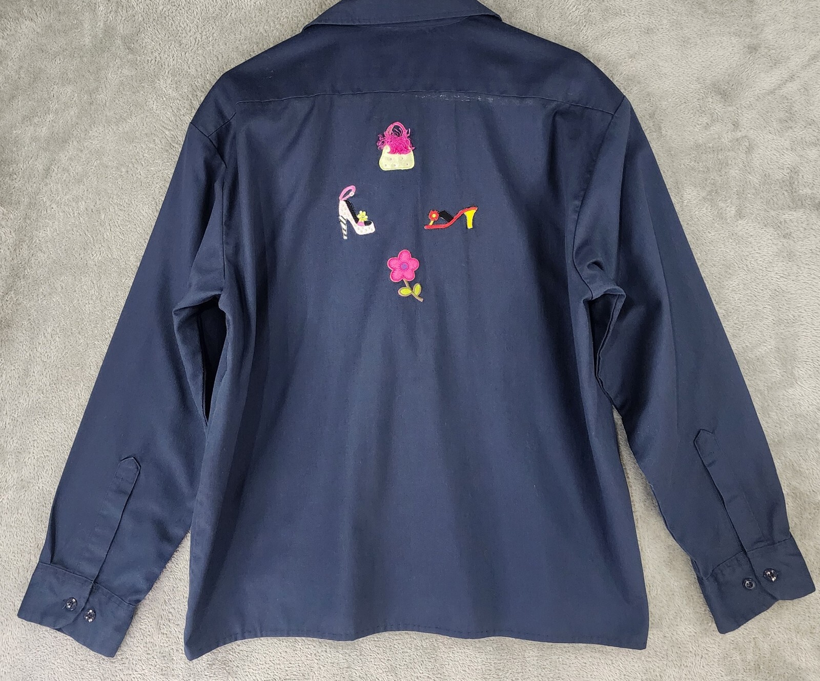 Dickies Shirt Womens XL Blue Button Up Long Sleeve Retro Patchwork Upcycled