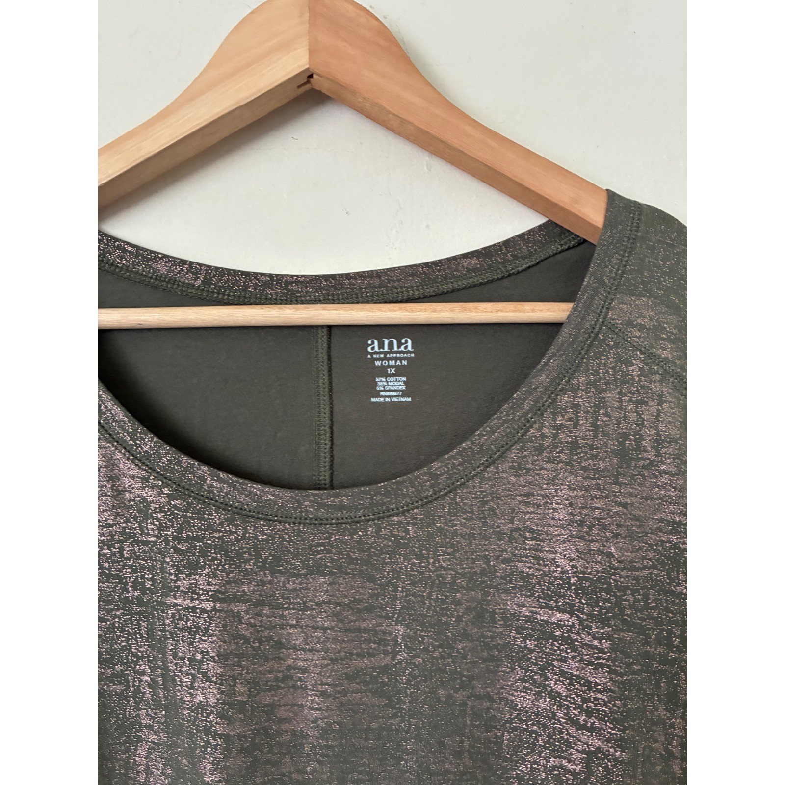 ana Olive Green Rose Gold Metallic Foil Long Sleeve Top 1X Plus Grunge Chunky