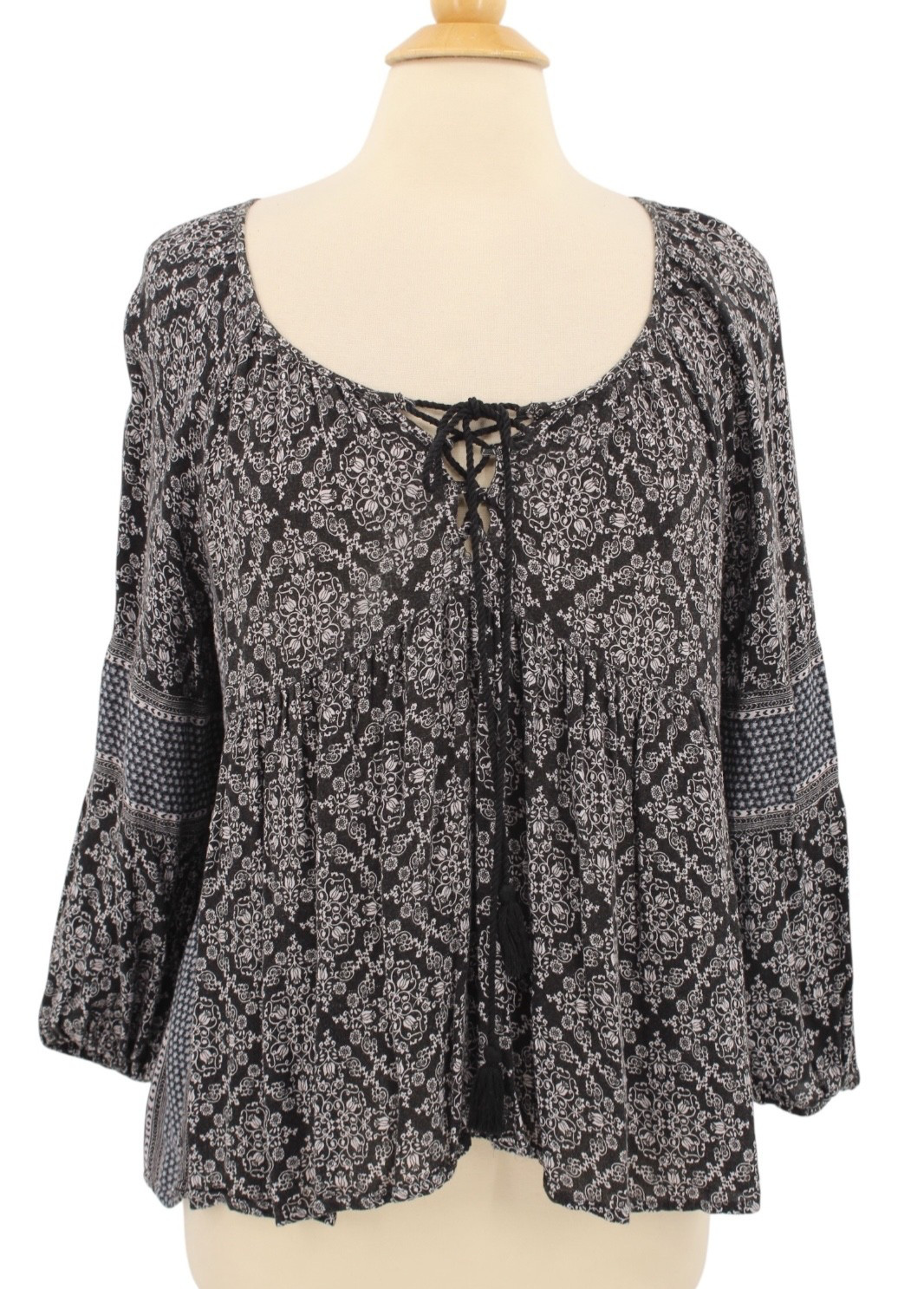 American Eagle Peasant Blouse Medium Black Floral Lace-up Bohemian Hippie