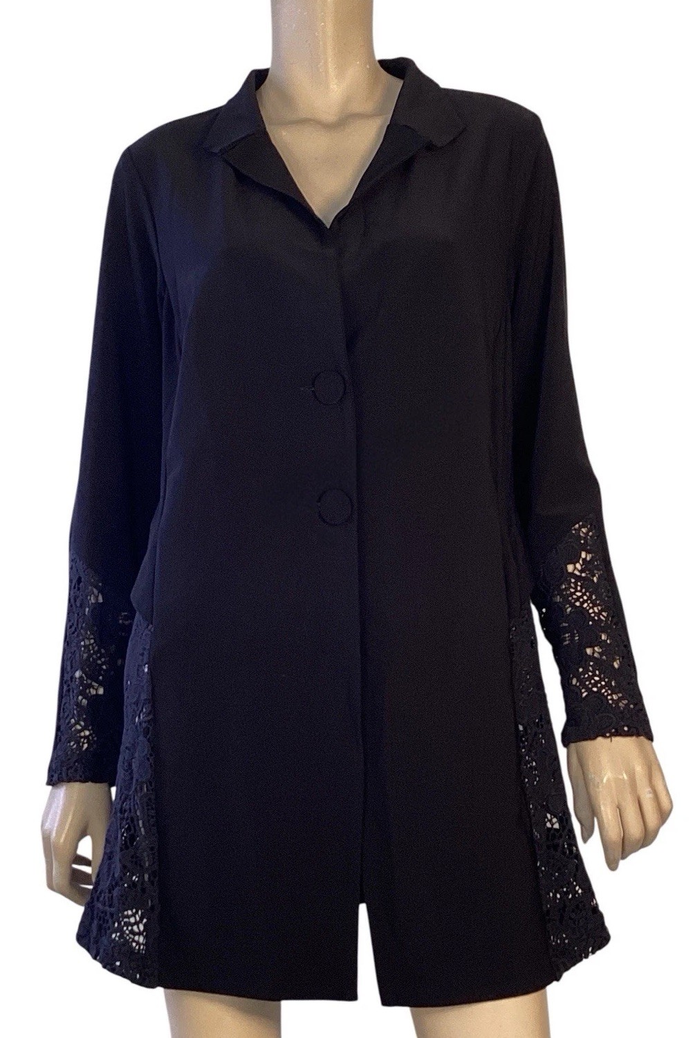 ⭐ MOTTO SIZE 14 AU BLACK EASY CARE STRETCH TUNIC JACKET STYLE TOP WITH LACE TRIM