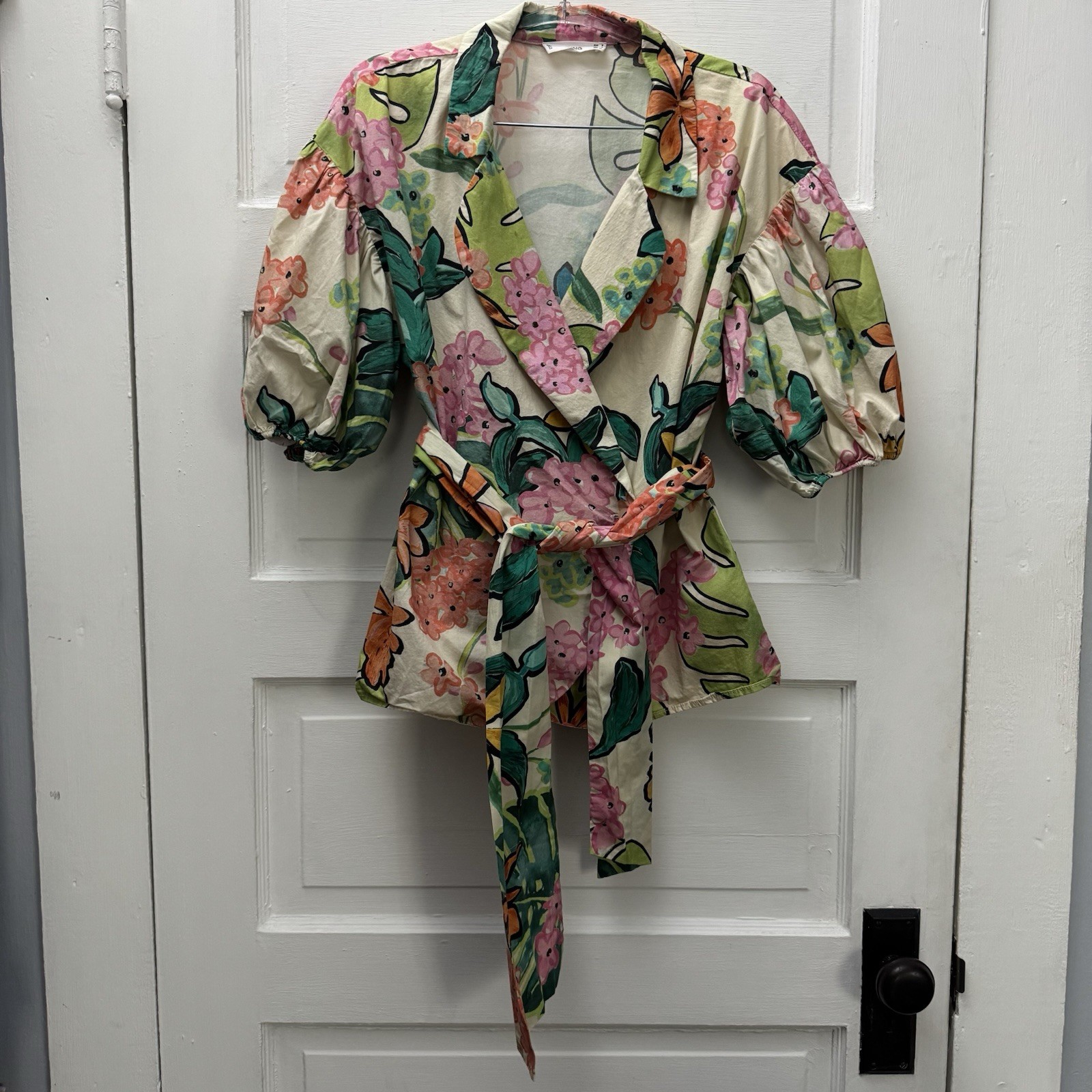 MNG Mango Floral Wrap Blouse Top Belted Puff Sleeve Cotton Size 6