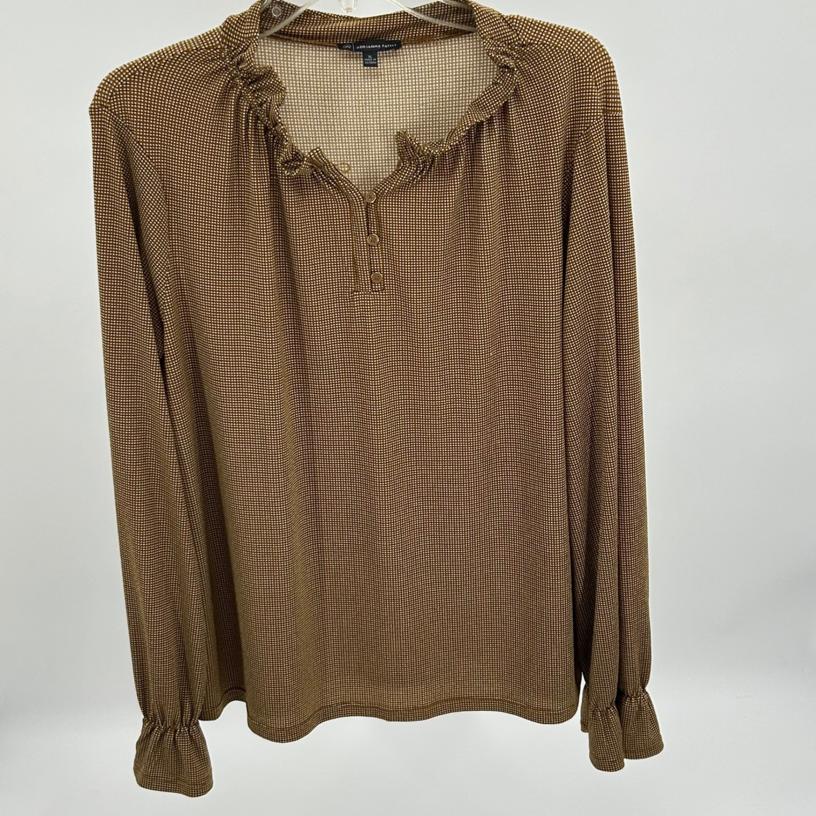 Adrianna Papell Womens XL Brown Check Ruffle Henley Blouse Long SleeveAD1S300615