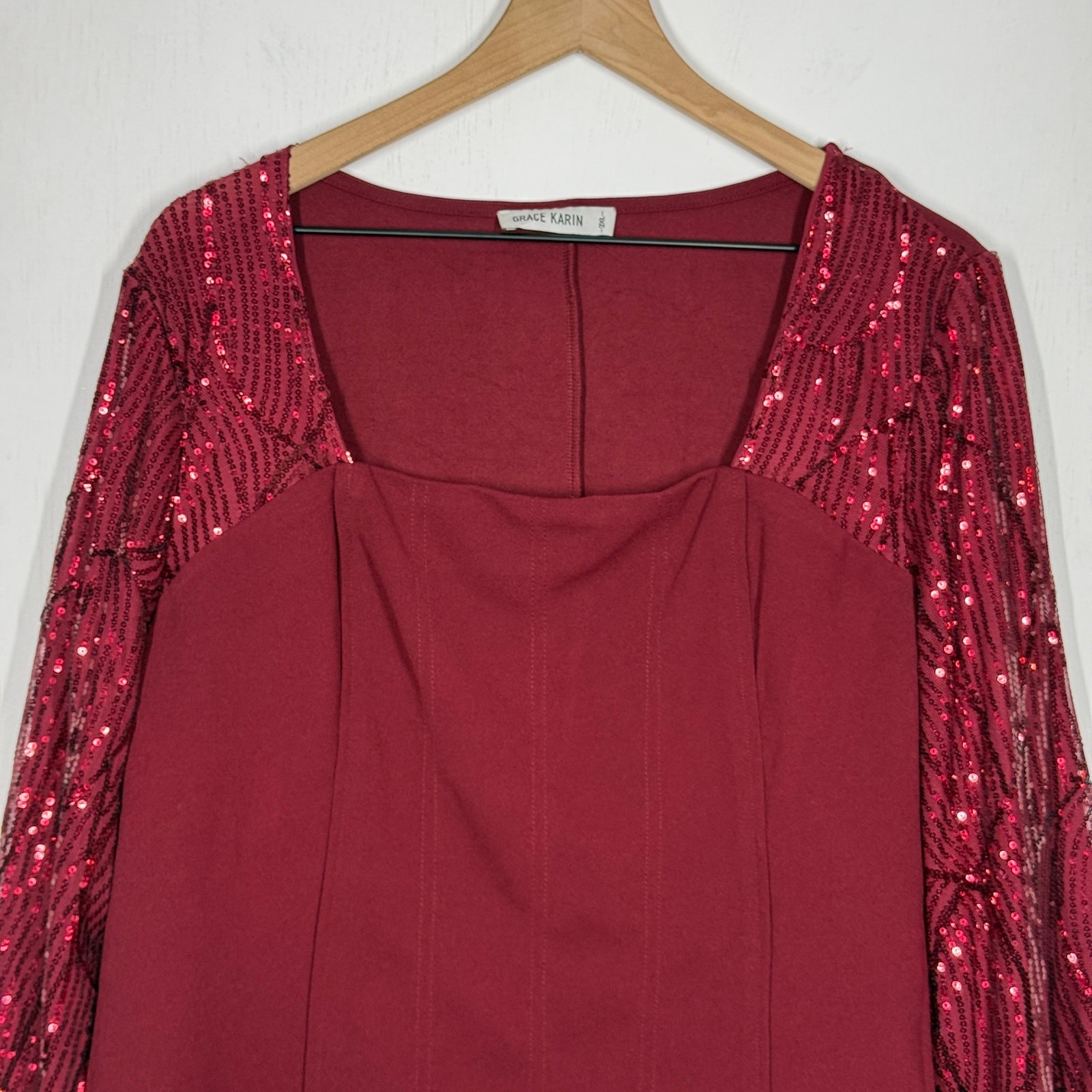 Grace Karin Sequin Sleeve Top Womens Plus Size 2XL Burgundy Sparkle Shimmer