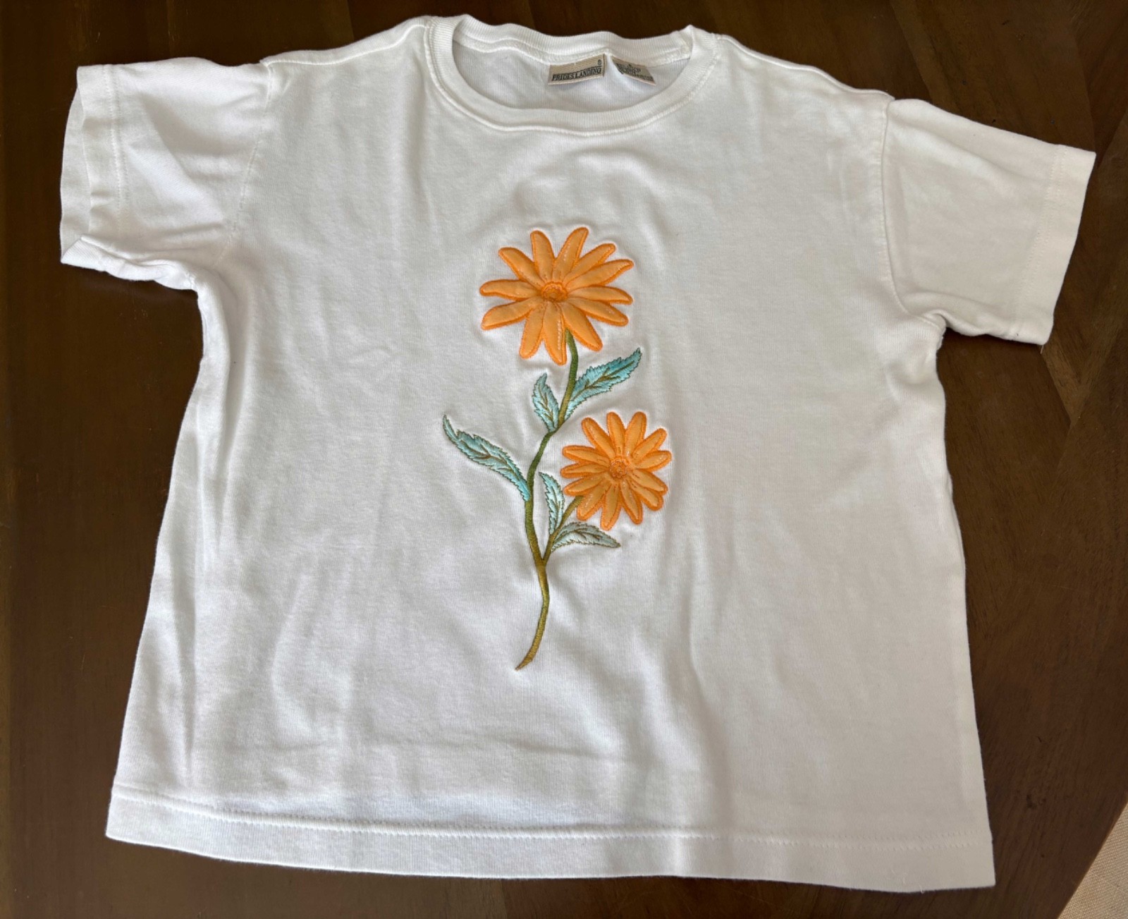 Prides Landing Women’s Size S White Heavy Cotton Shirt Sunflower Applique EUC