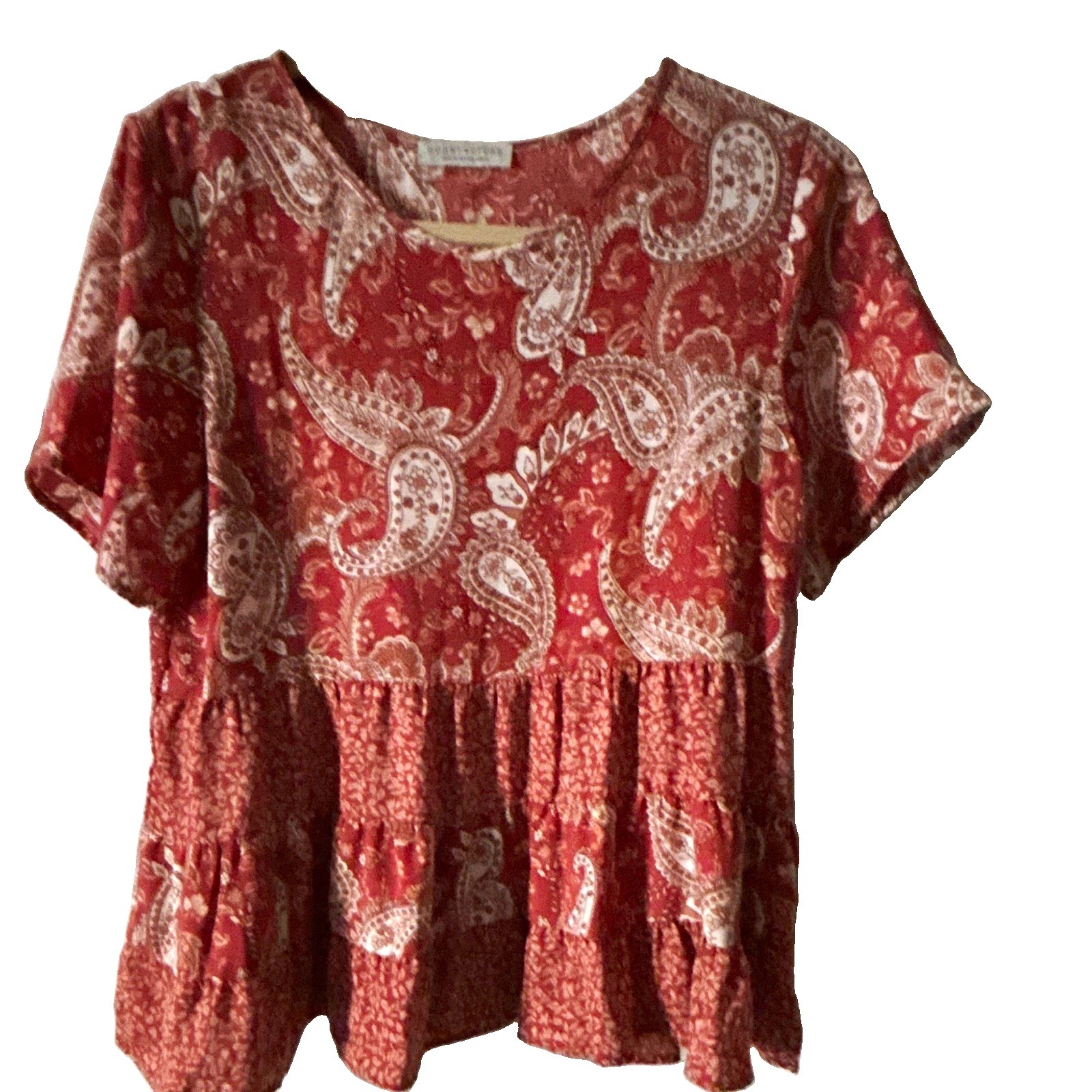 Paper Crane Boho Paisley Babydoll Peplum Top Rust Orange Tiered Ruffle Blouse M