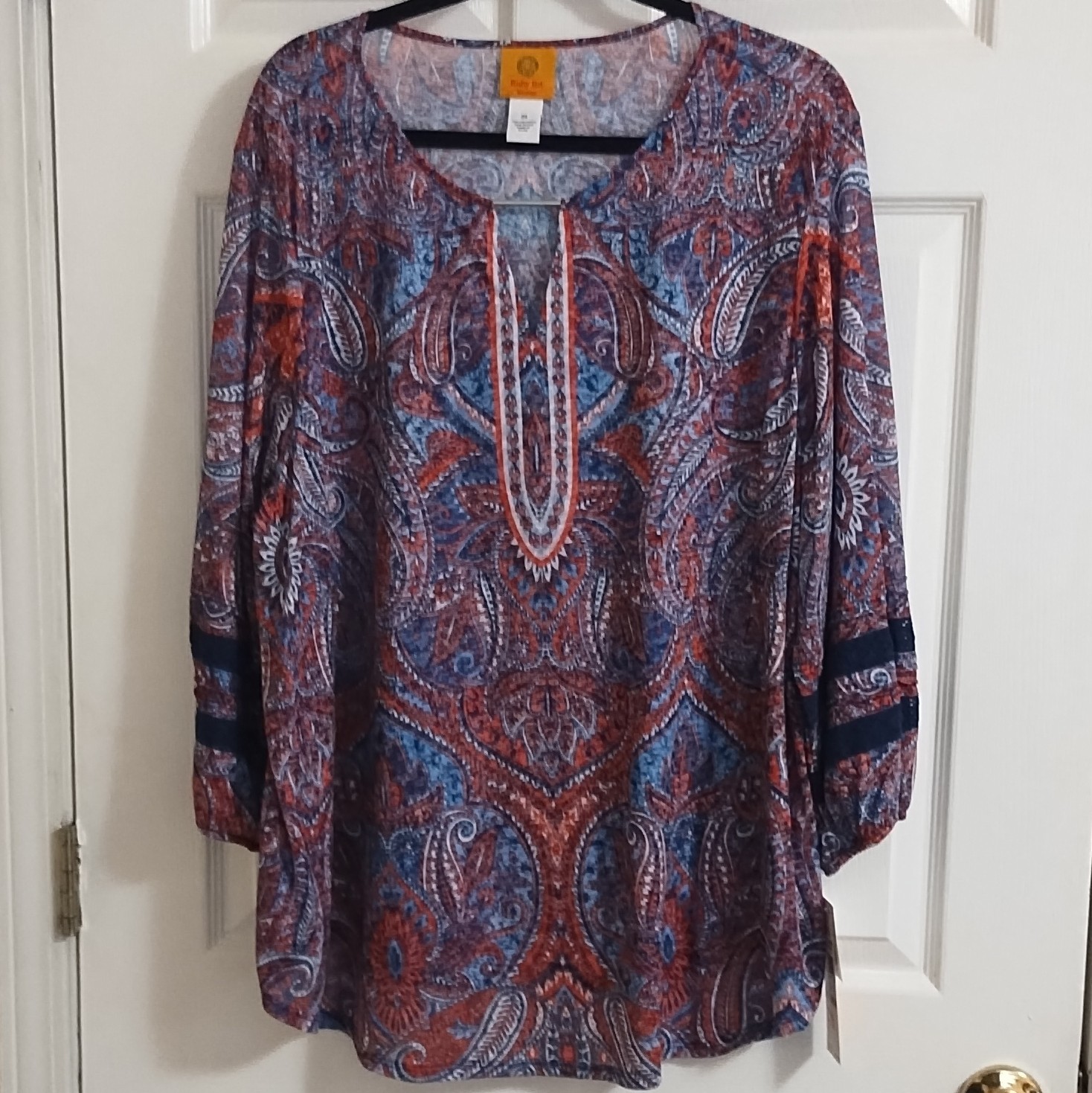 Ruby Rd. Women’s Plus 3X Paisley V-Neck 3/4 Sleeve Tunic Blouse Blue Red