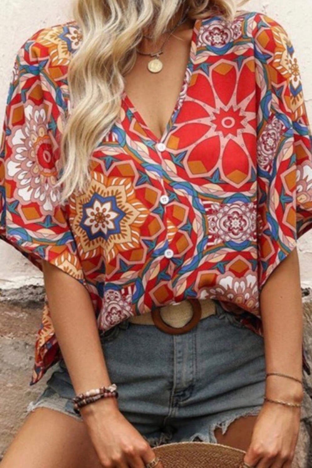 Boho Red Floral V Neck Short Sleeve Batwing Blouse