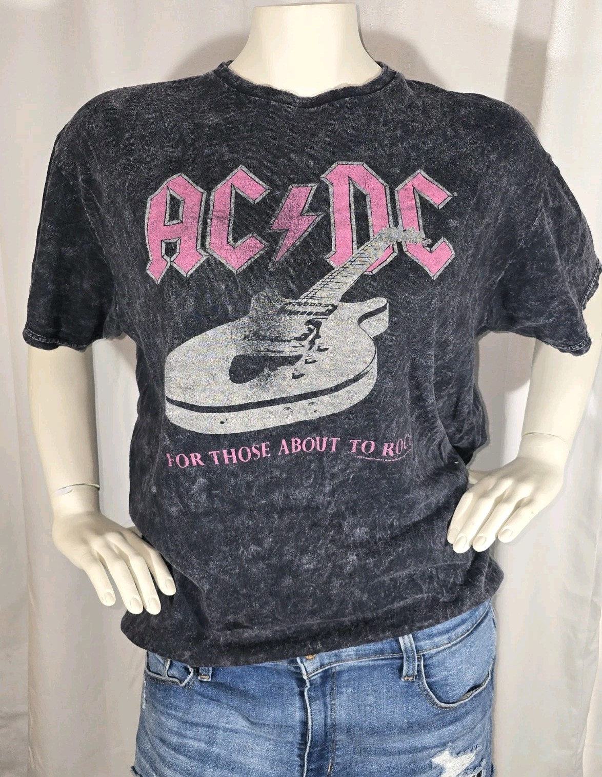 Junk Food Clothing T Shirt AC DC Large L Gray Acid Wash 100% Cotton Women Rock