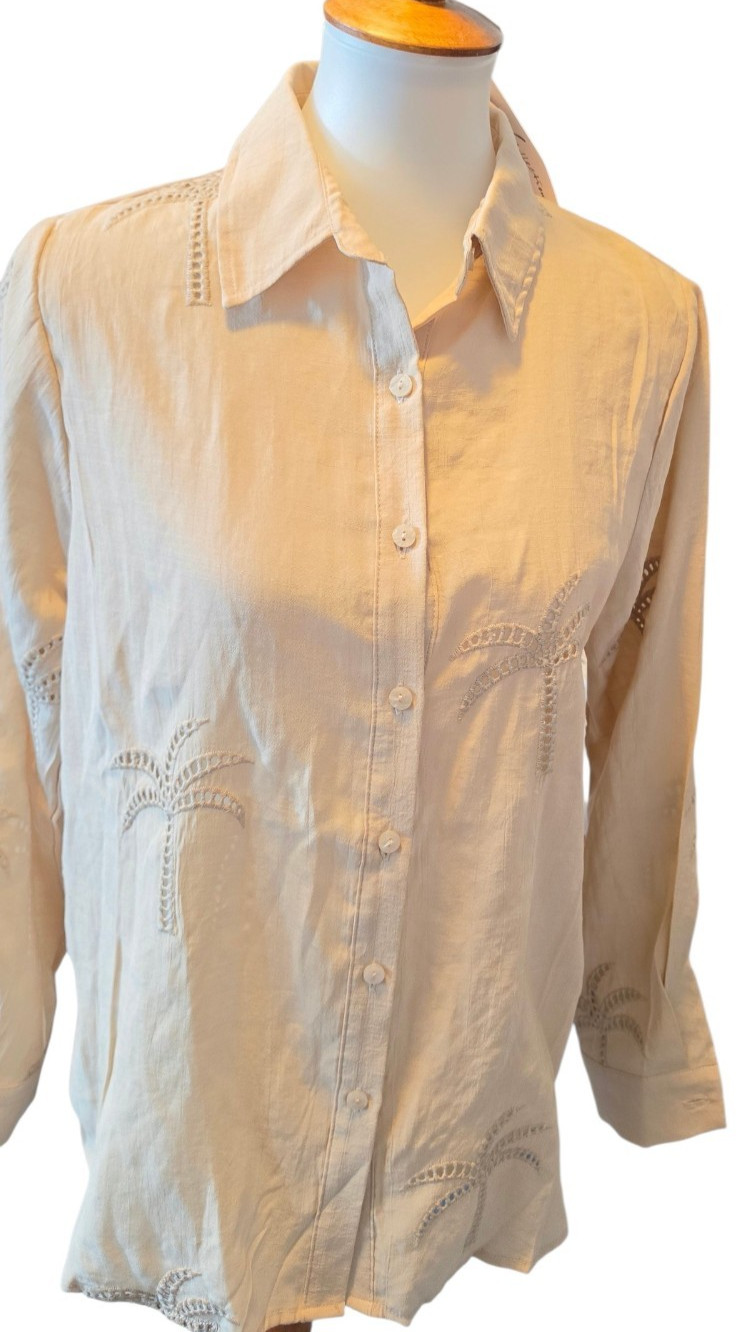NY Collection Women’s Medium Linen Blend Palm Tree Button Down Shirt Beige NWT
