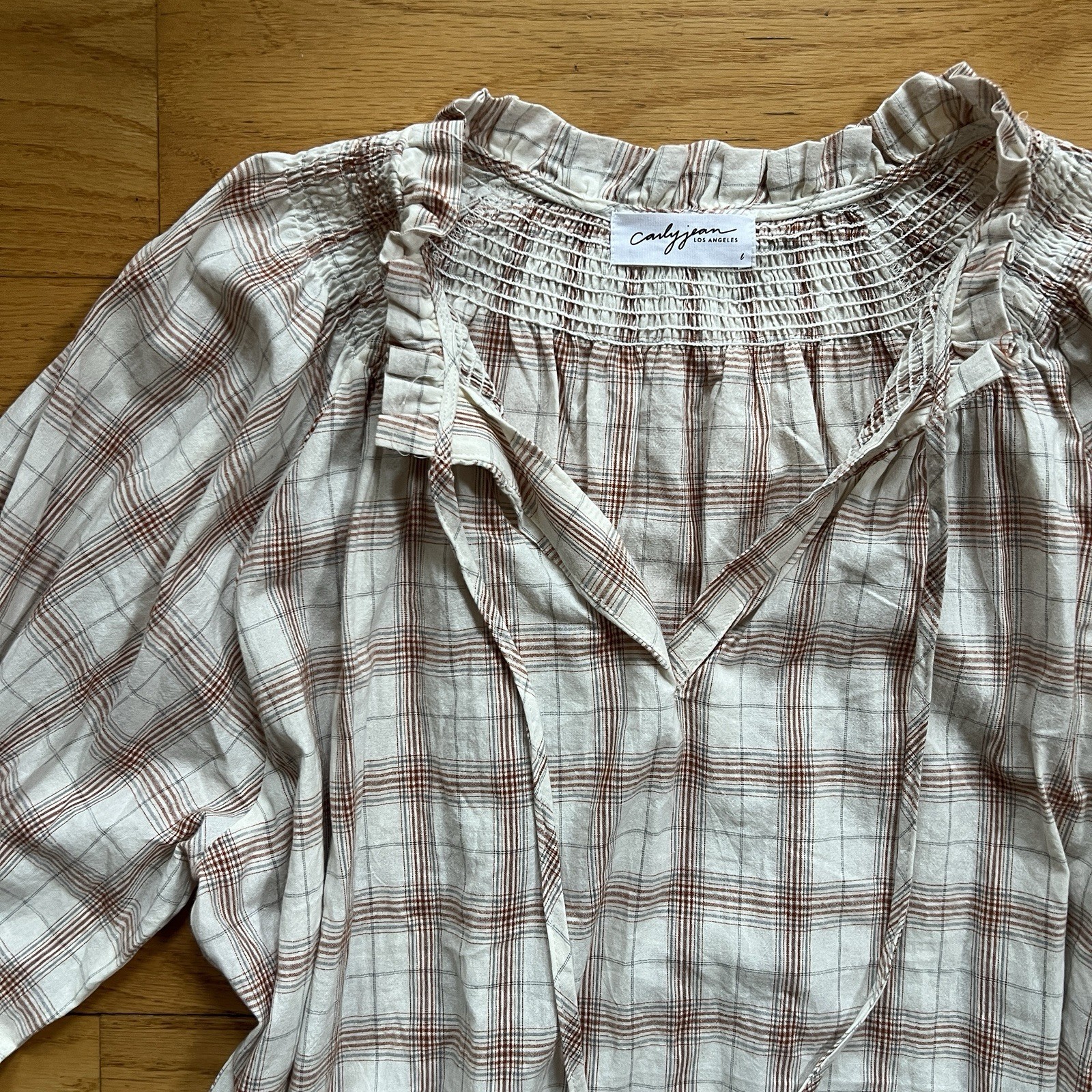 Carly Jean Los Angeles Plaid Ruffle Cotton Balloon Sleeve Blouse
