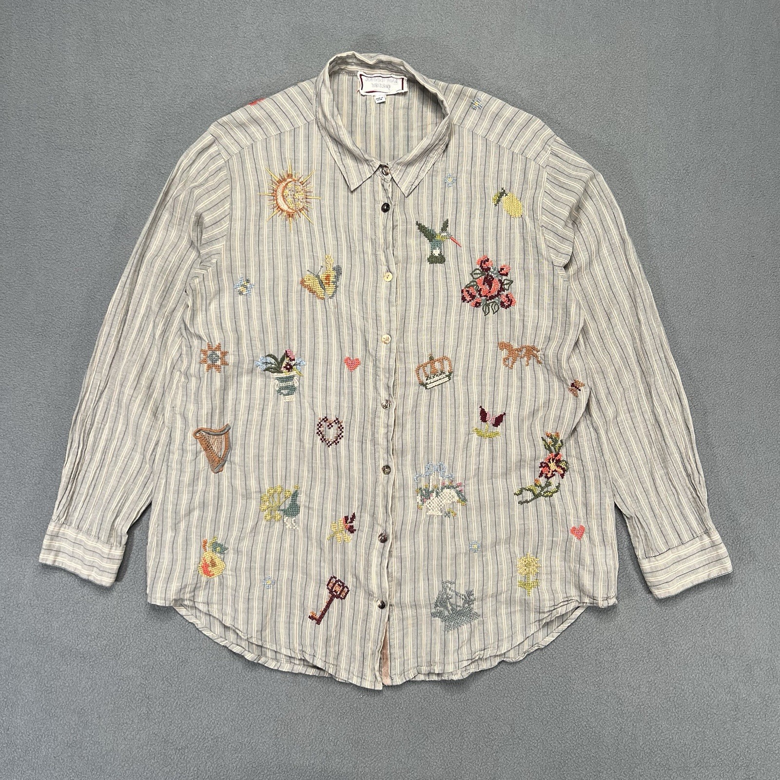 Johnny Was Workshop Alexandria Striped Embroidered Oversized Shirt Boho Chic M