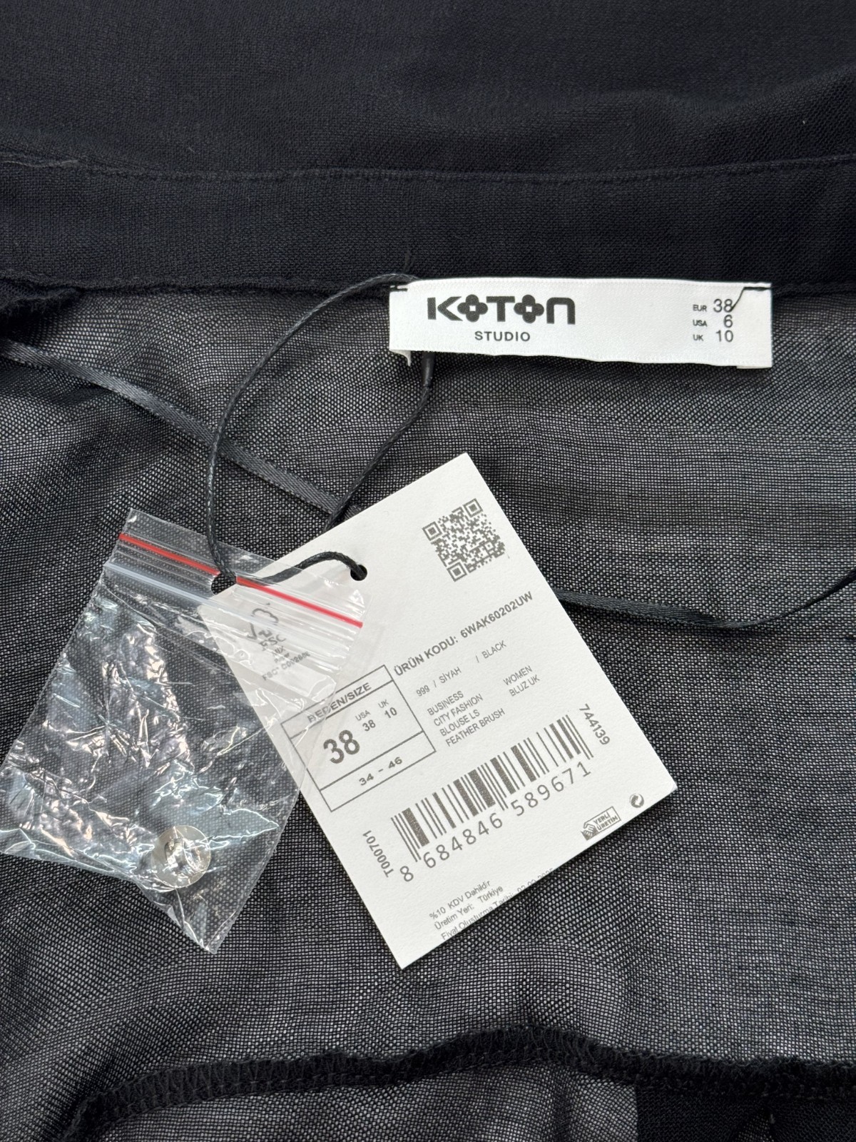 NWT Koton Studio Sheer Black Cowl Neck Blouse Long Sleeve Draped Top EU38 US6