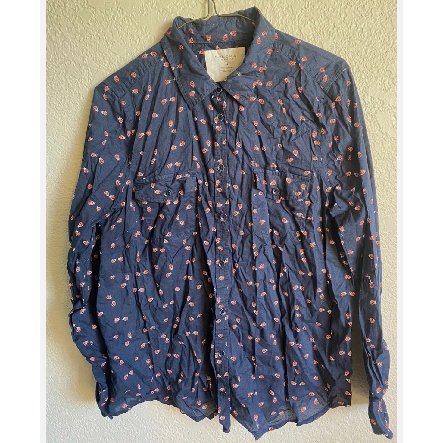 Sonoma Ladybug Shirt Womens Good Large Button Down Navy Blue Novelty Roll Tab