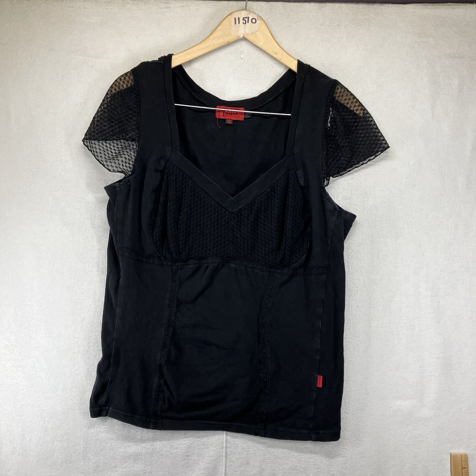 VINTAGE Y2K TRIPP NYC Lace SHORT SLEEVE Stretch Shirt GOTH Faded Black Sz 2