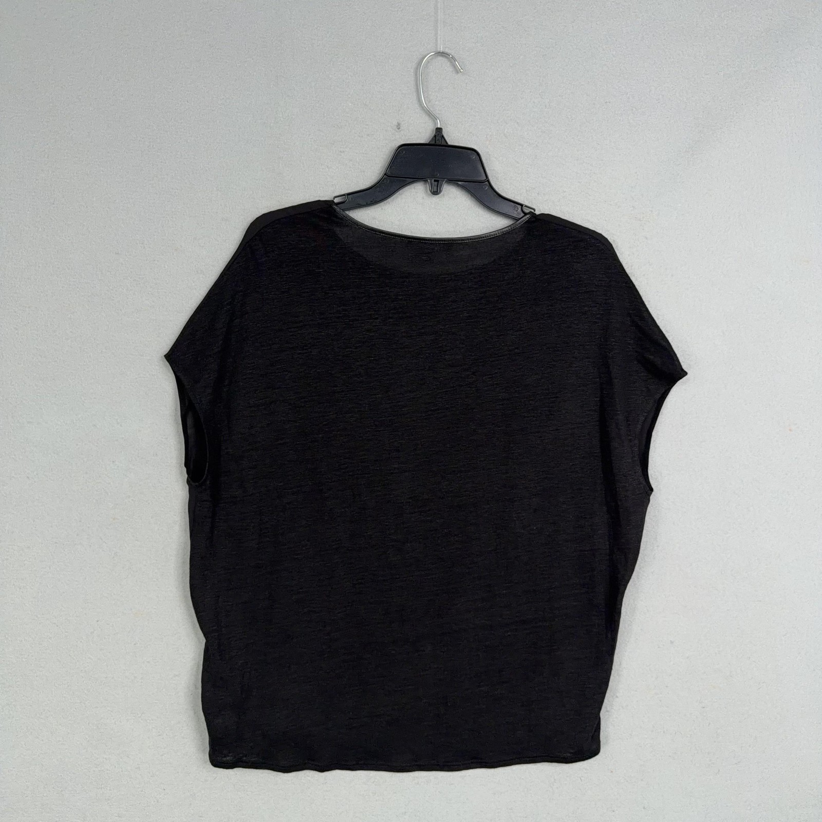 Vince Blouse Womens Small Black Silk Linen Leather Trim Crew Neck Cap Sleeve Top