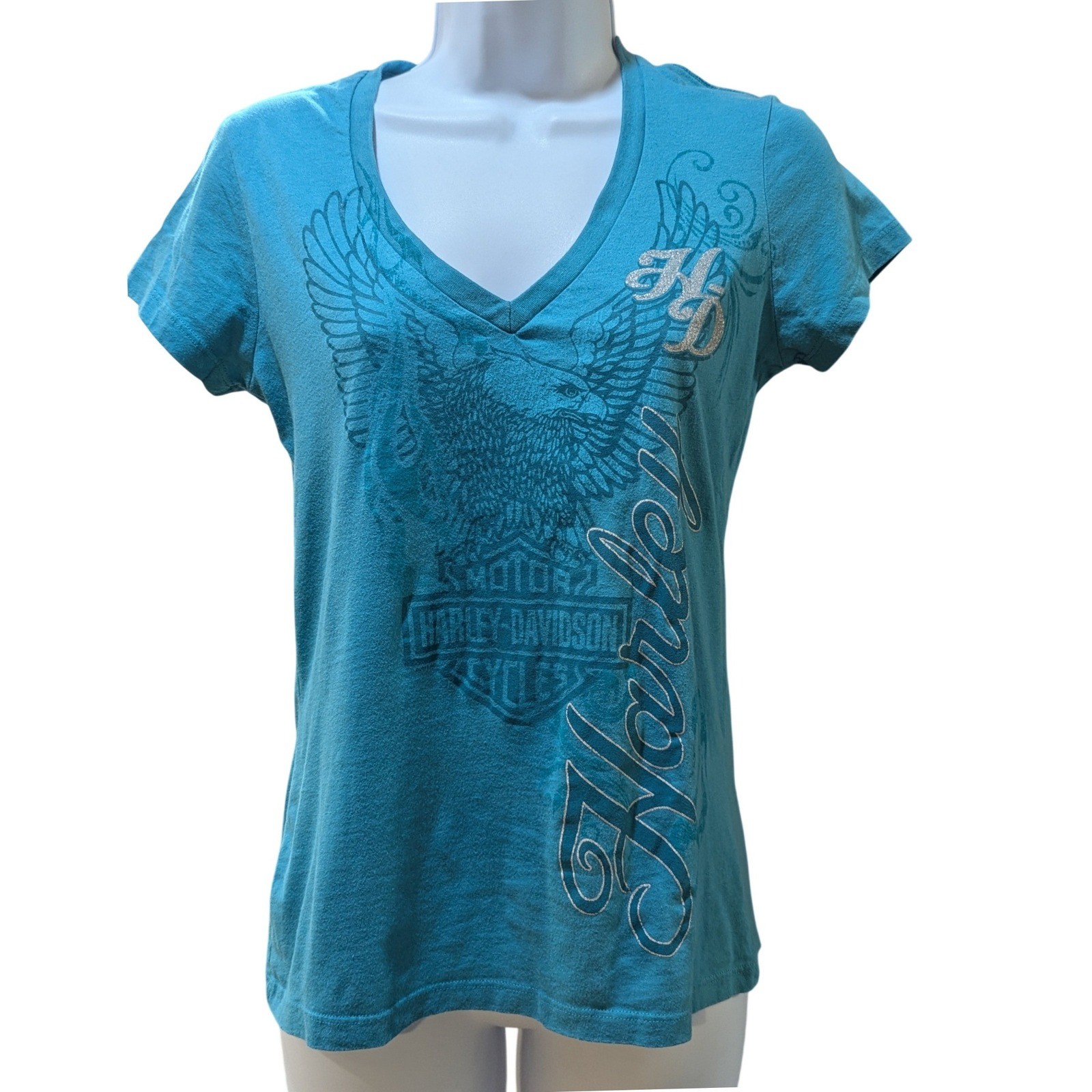 Harley-Davidson Women’s Renegade Alexandria LA V-Neck Graphic T-Shirt Teal Small