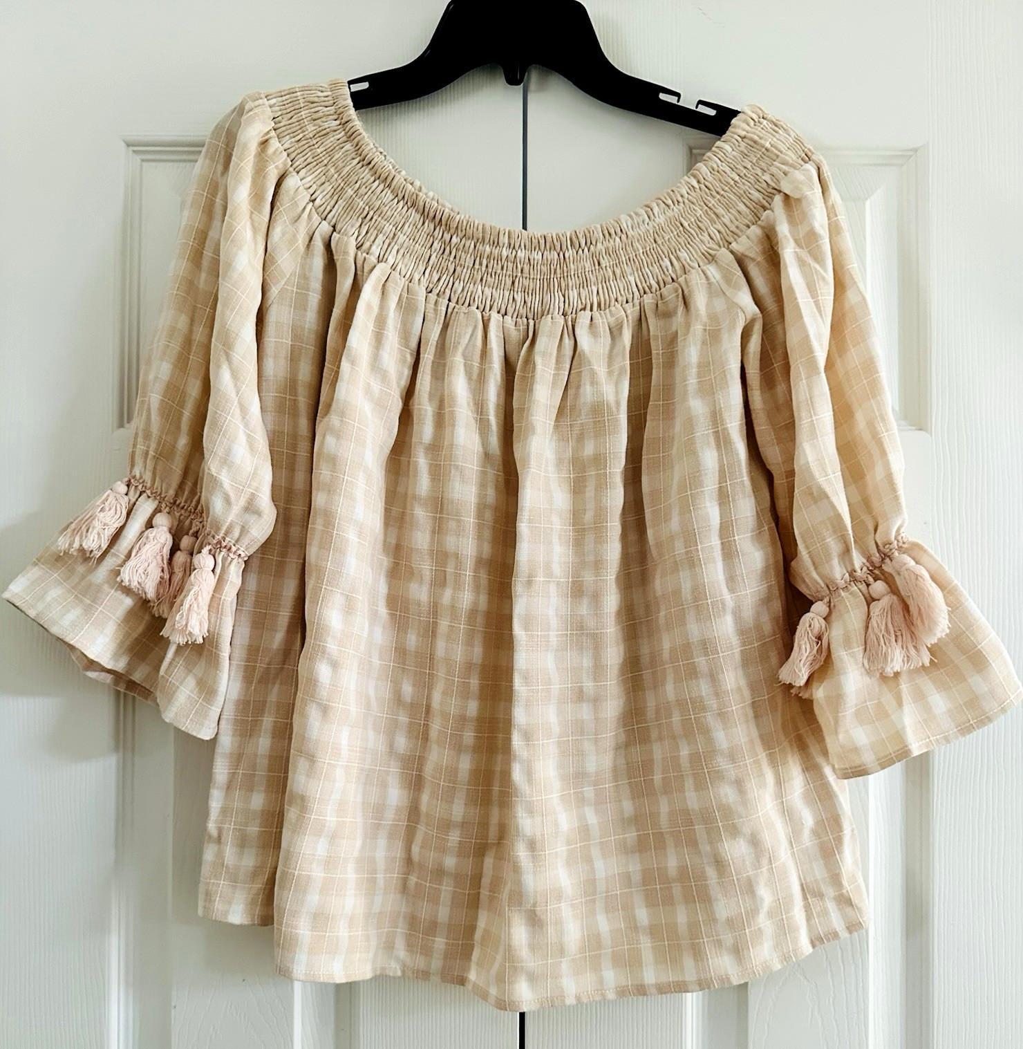 Women’s Very J Plaid Boho Hippy Peach Top Blouse 3/4 Flare Tassel Sleeves SMALL