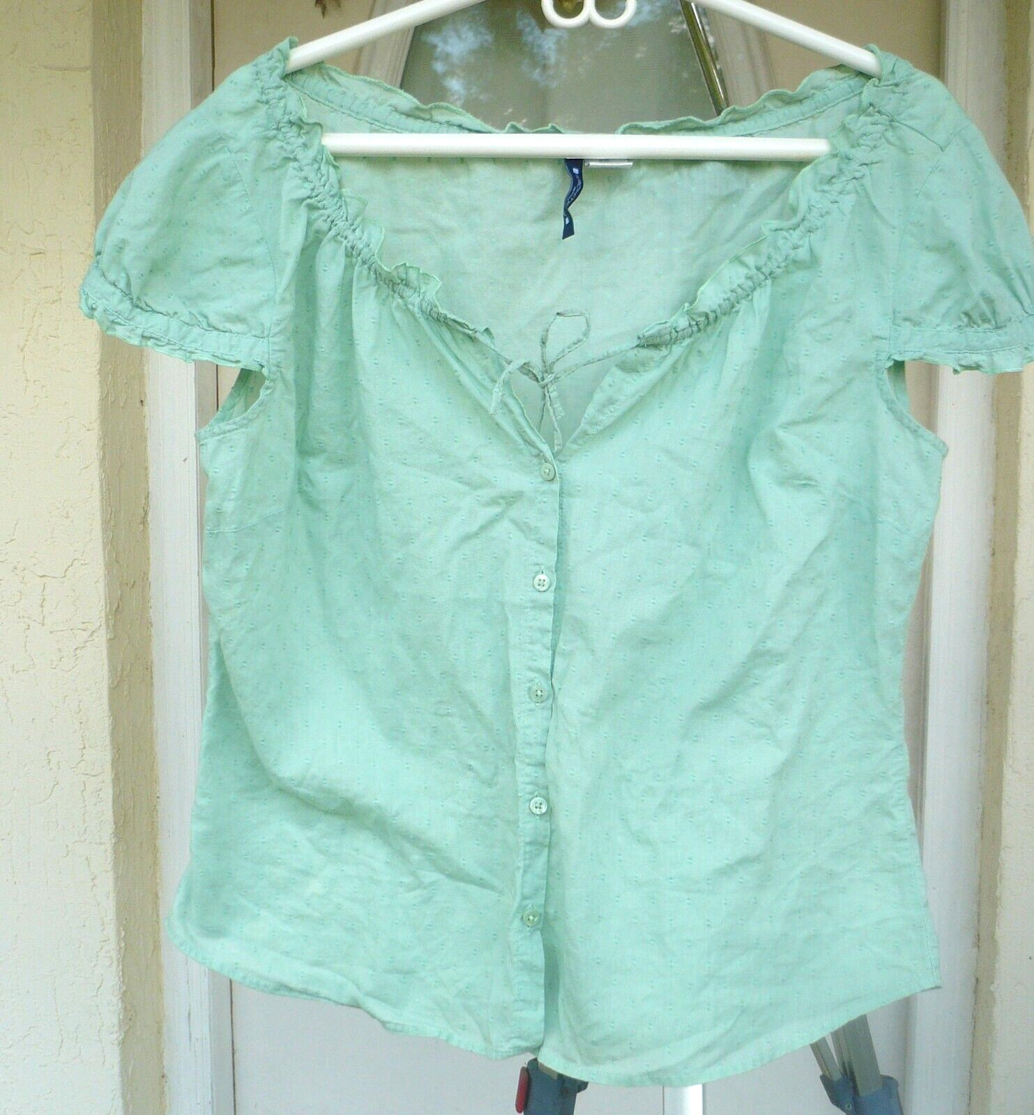 ARCHITECT P XL SOLID GREEN CHENILLE PEASANT COTTON RUFFLED ELASTIC NECK BLOUSE