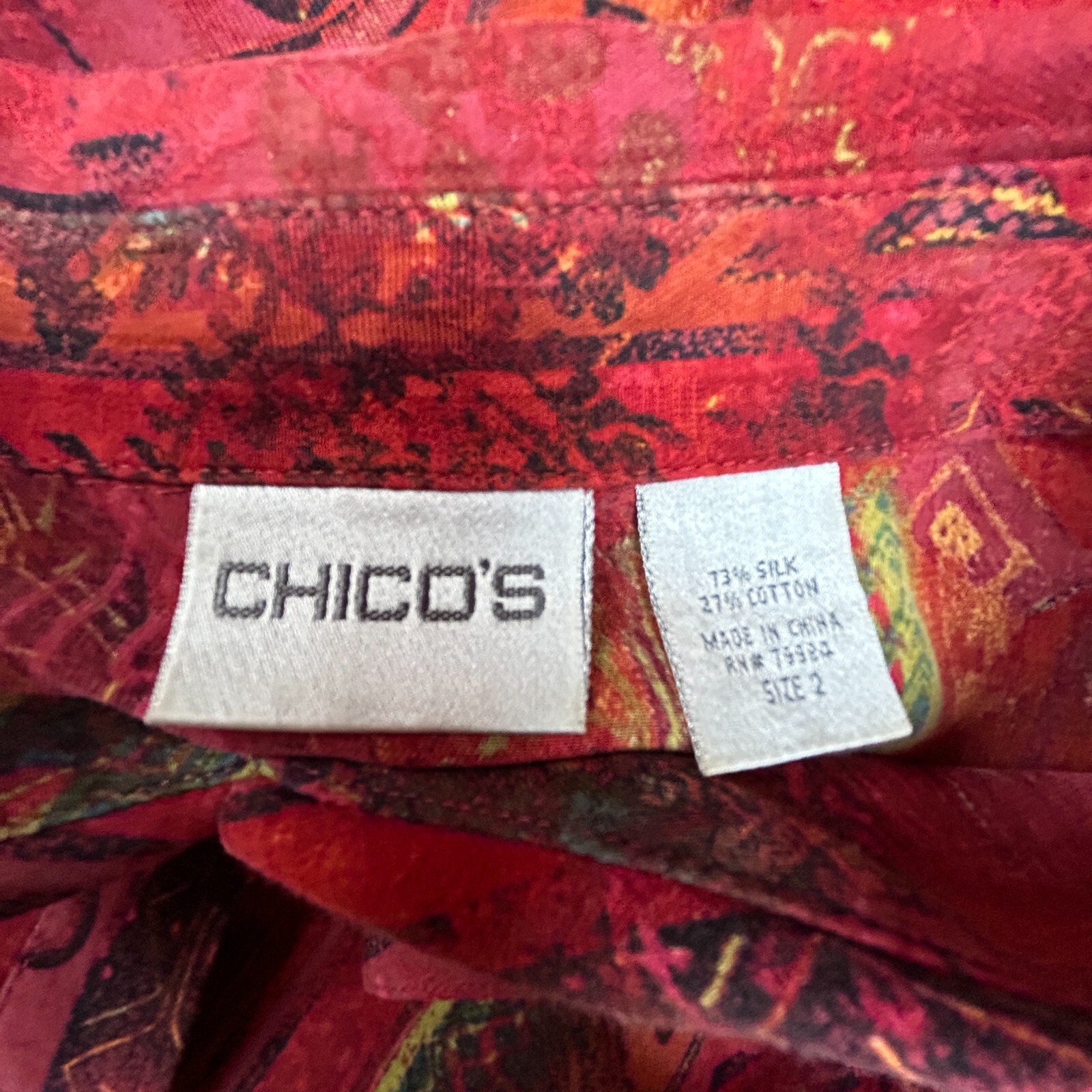 Chico’s Women’s Size 2 Red Silk Cotton Bohemian Western Button Down Shirt Top