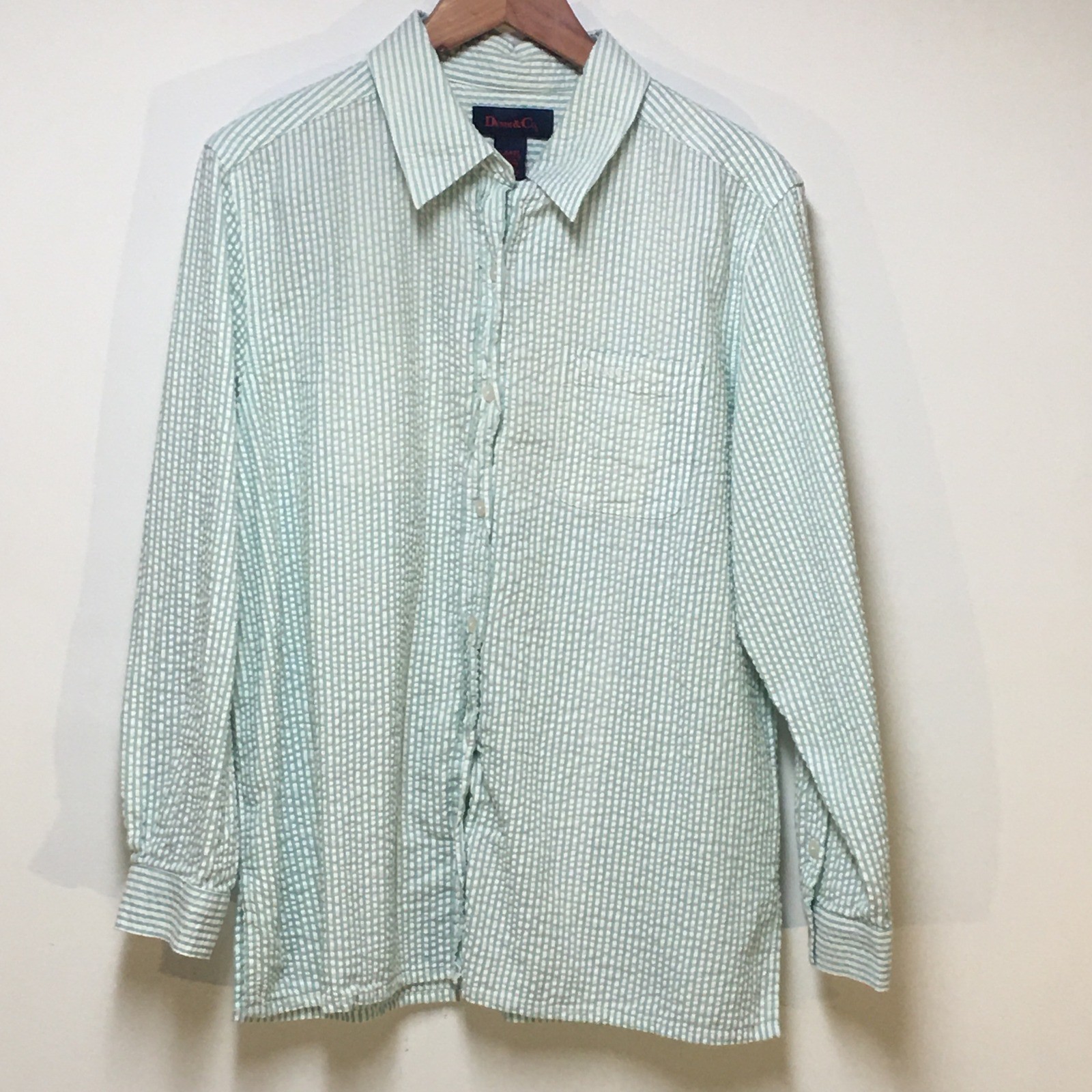 Denim & Co Button Down Shirt Womens Large Green White Seersucker Striped Cotton
