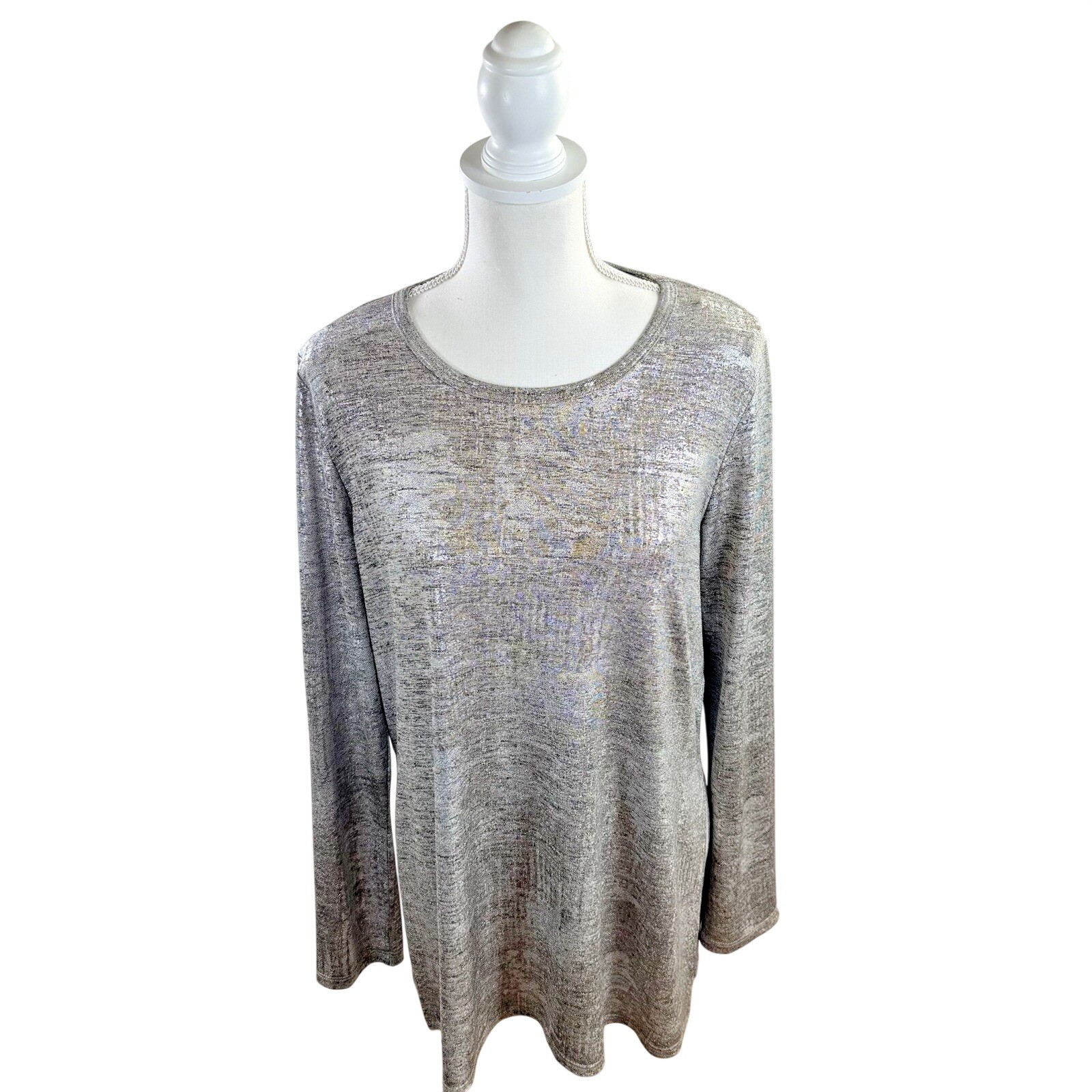 KAREN KANE Stretchy Silver Metallic Rayon Tunic Top Side Slit long sleeves XL