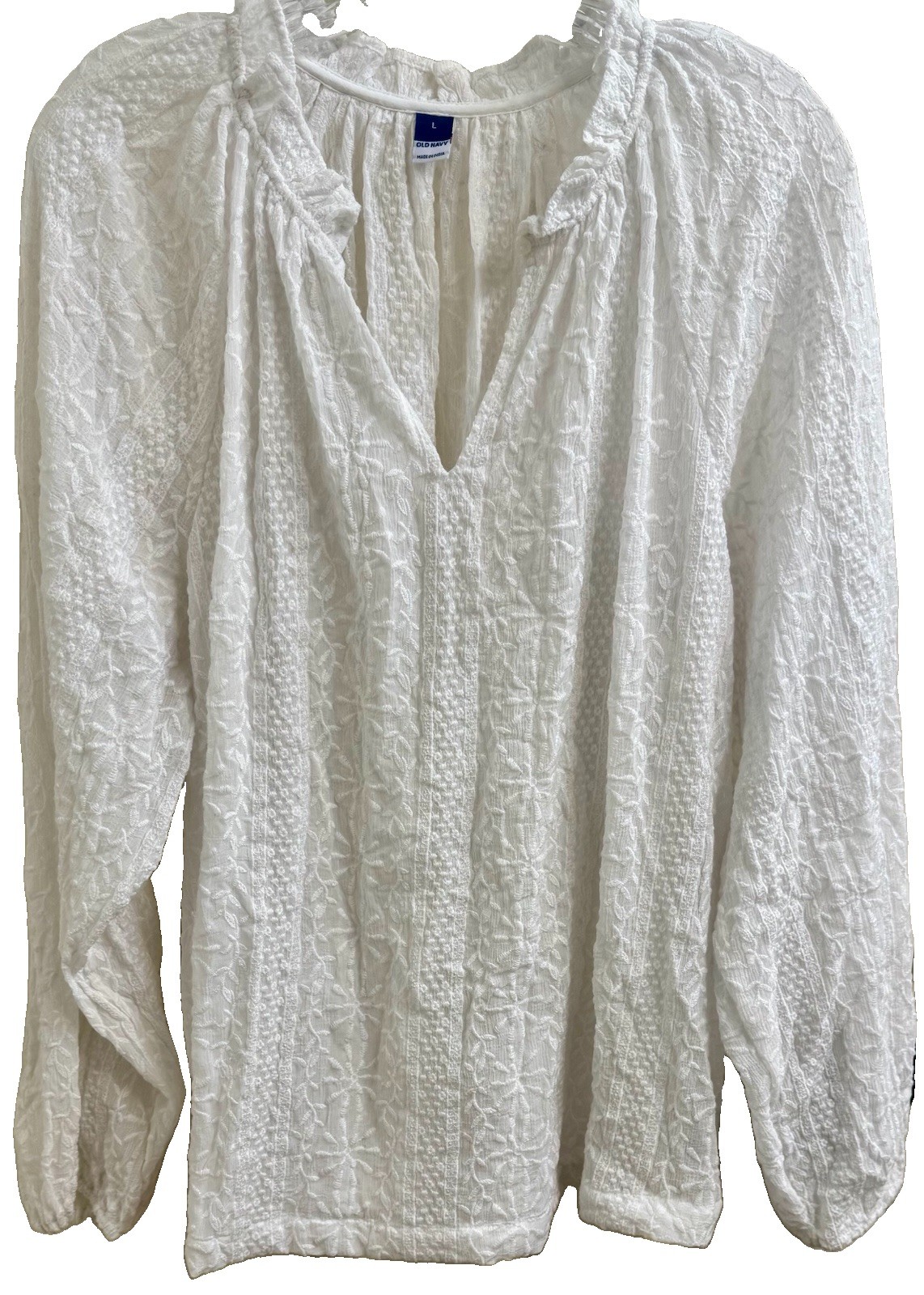 OLD NAVY White Floral Embroidered Ruffle Trim Split Neck Bohemian Top (L) NWT