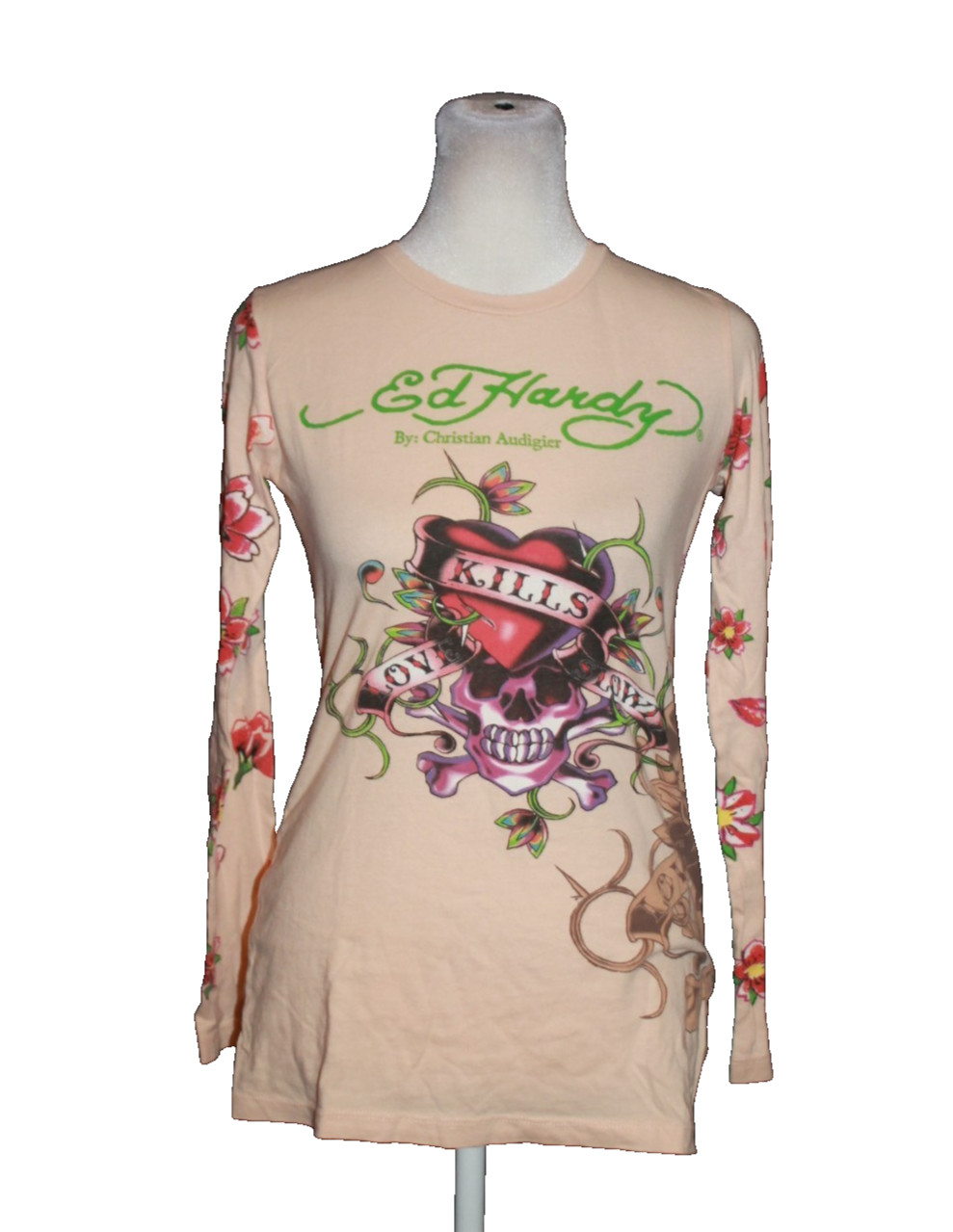 Vintage Ed Hardy by Christian Audigier Skull Long Sleeve Top T-Shirt Size M Pink