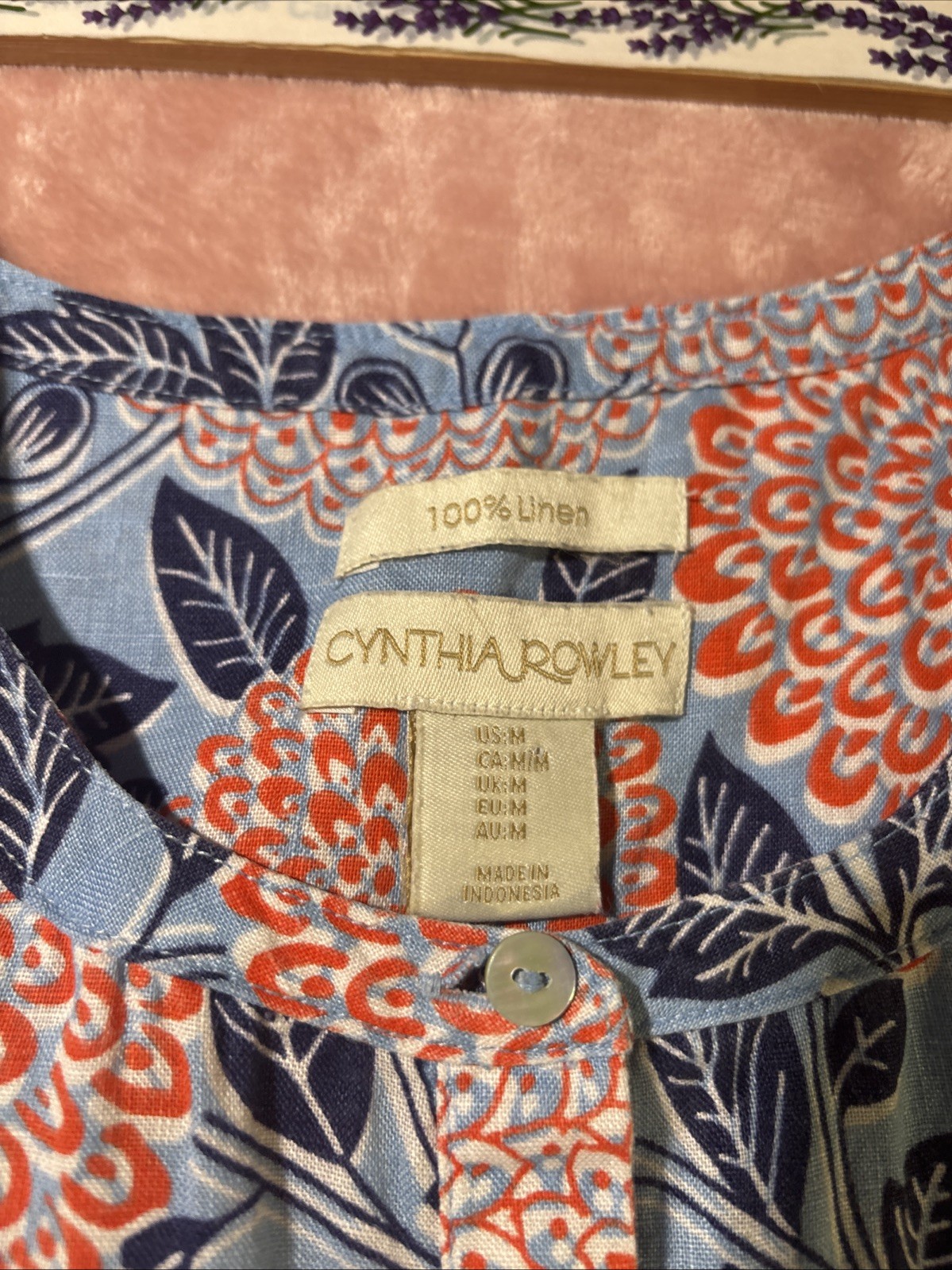 Cynthia Rowley 100% Linen Floral Blouse Blue Coral Sleeveless Button Front Sz M