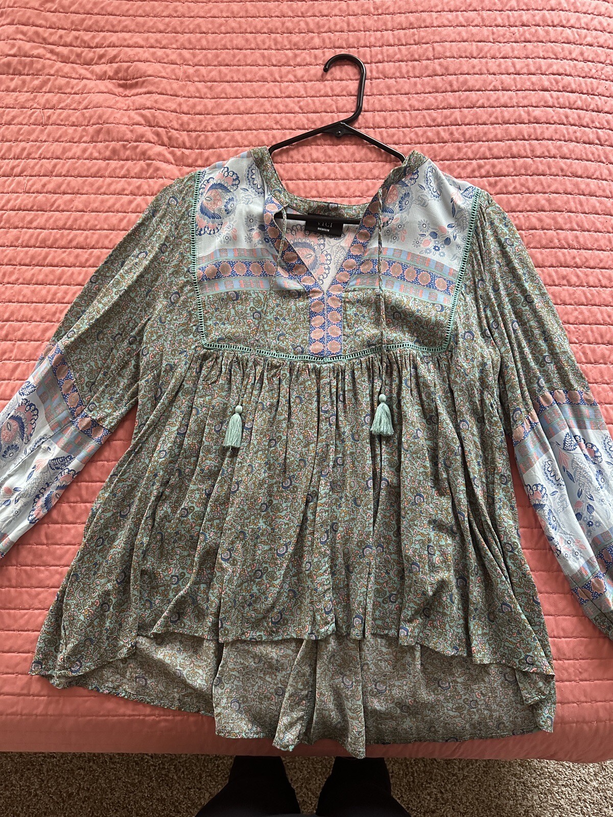 VICI Collection Blouse- Deep Water Floral Tassel Top New Without Tags