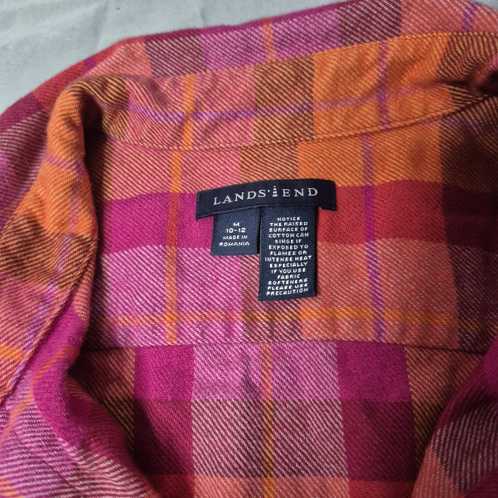Lands’ End Flannel Shirt Womens Sz M Zesty Orange Cotton Plaid Hiking Western