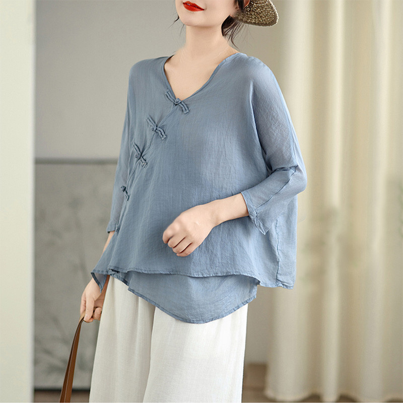 Chinese Style Summer Womens Han Fu V-Neck Loose Shirts Tops Blouse New