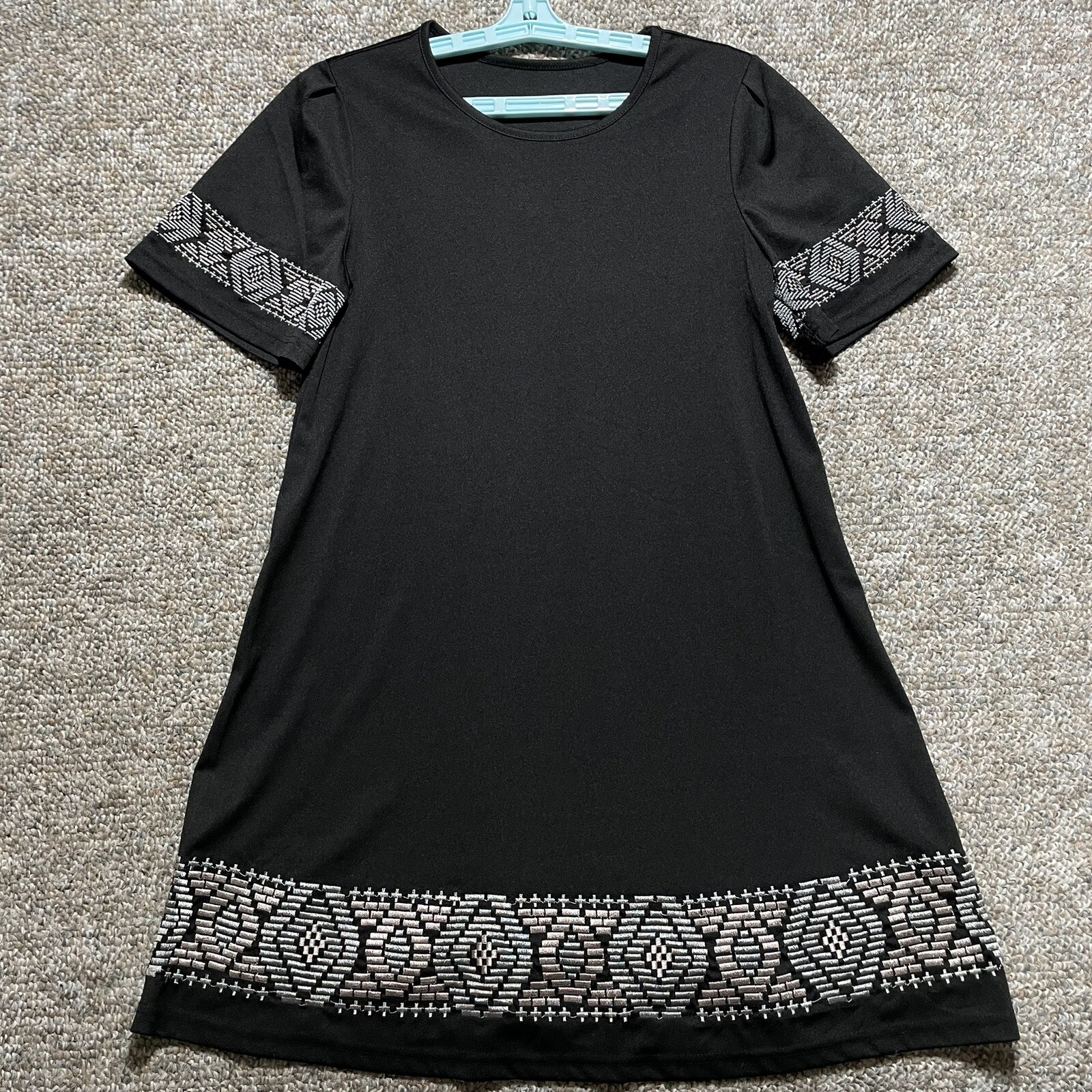 Black Dress with Tile Pattern Hem and Short Sleeves women’s size L NO TAG
