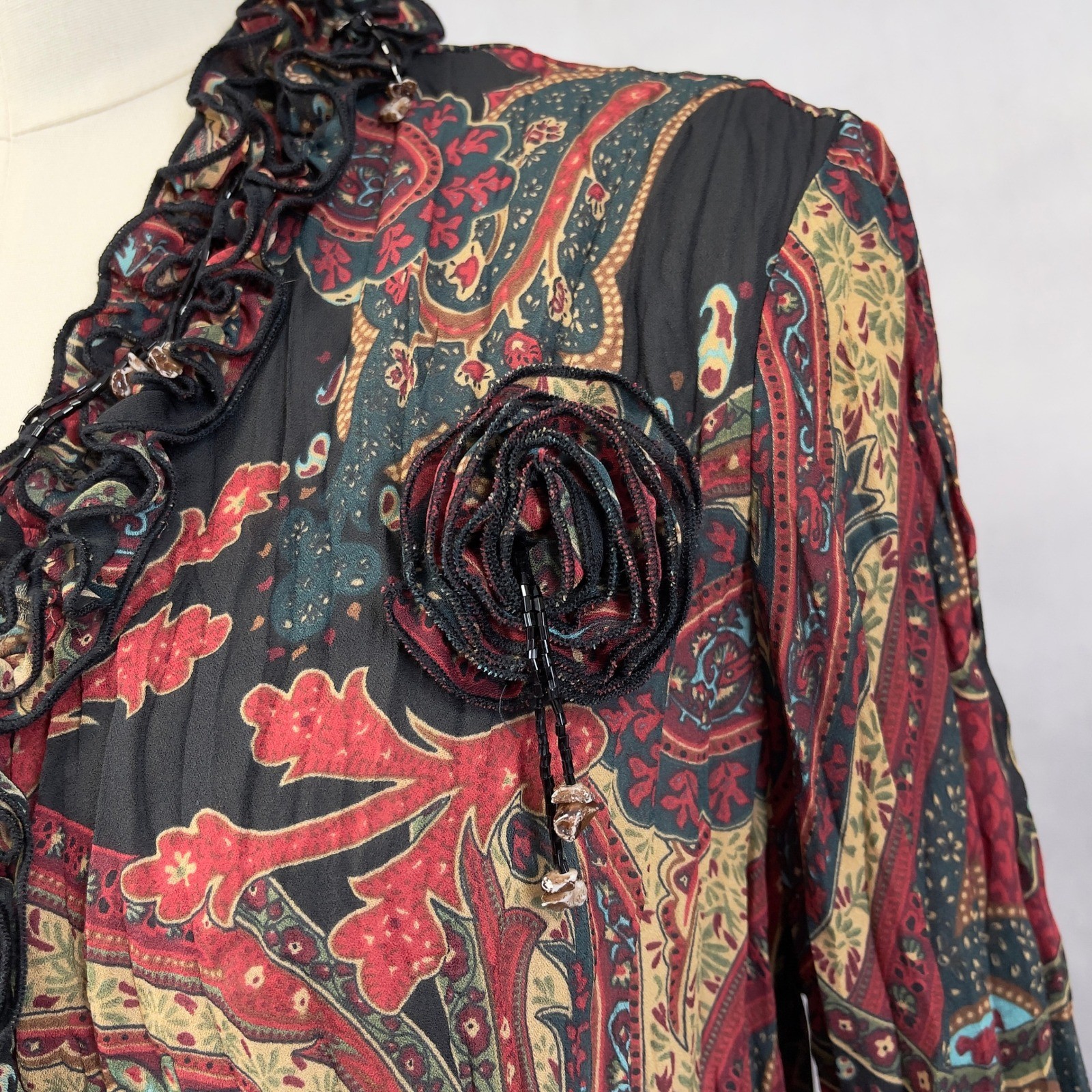 Agora Paisley Ruffle Open Front Jacket Women Medium Romantic Boho Artsy Fairy