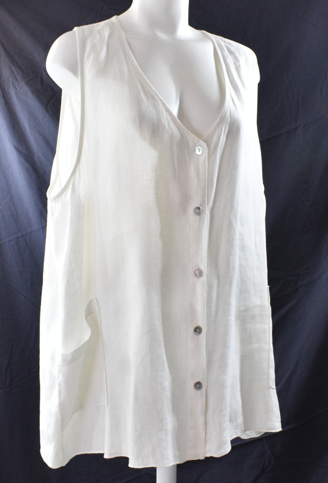 Fenini 100% Linen Shirt Tunic Vest White Sleeveless Pockets Lagenlook Women XL
