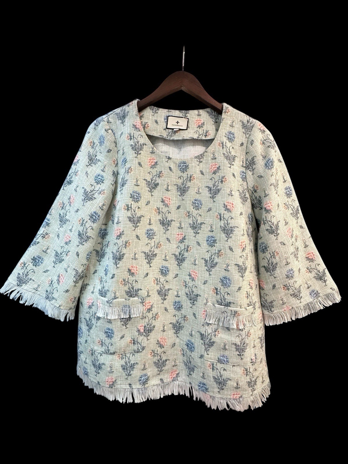 Tuckernuck Block Print Inspired Floral Fringe Detail Linen Blend Top Sage Sz M