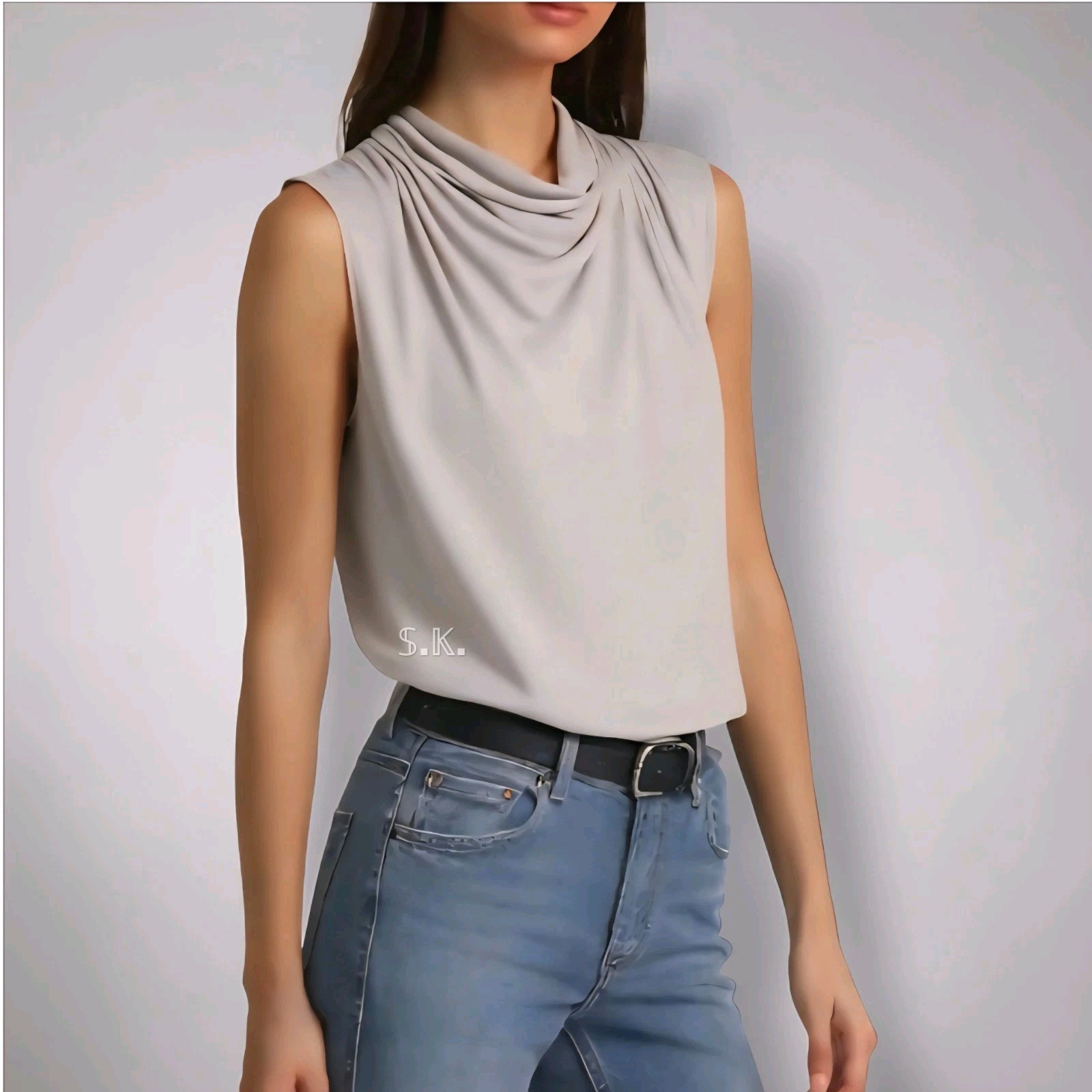 AMANDA UPRICHARD “Fabienne” Sleeveless Draped Neck Top Keyhole Back Beige LARGE