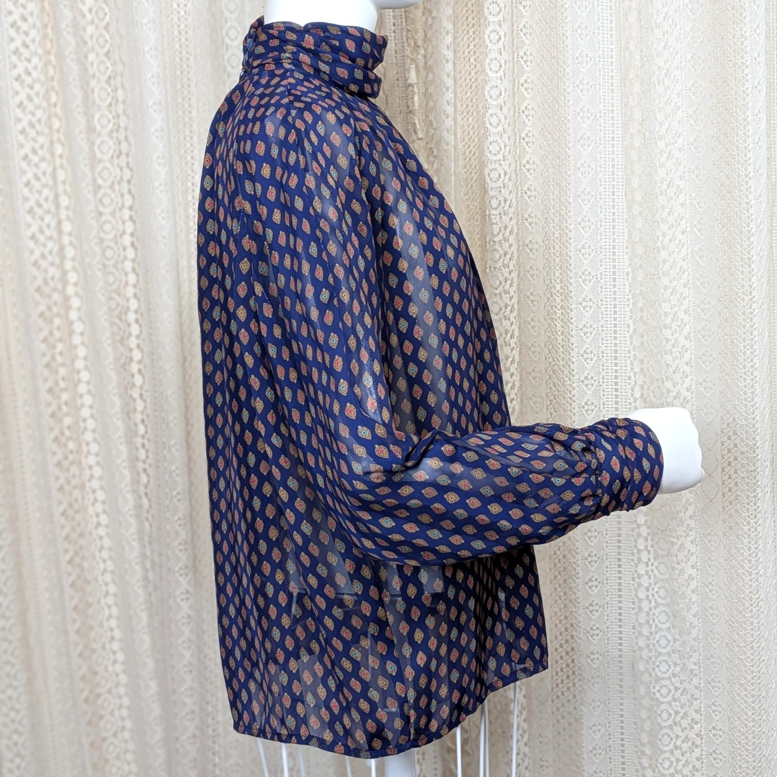 Vtg 80s Tess Petites Sheer Edwardian Purple Gold Jewel Silky Shimmer Blouse sz L