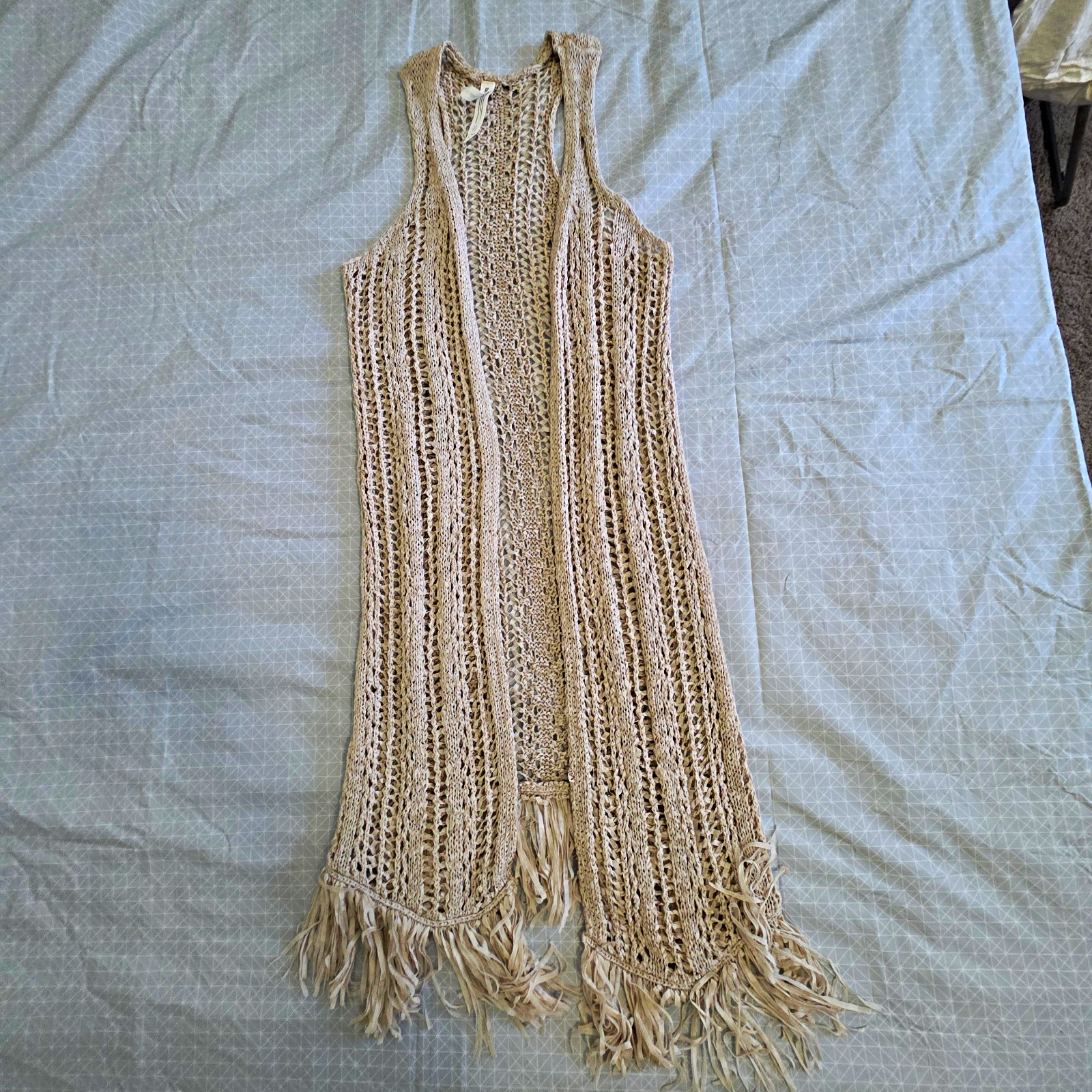 Bethany Mota Beige Open-Knit Fringe Hem Sleeveless Duster Women’s XS