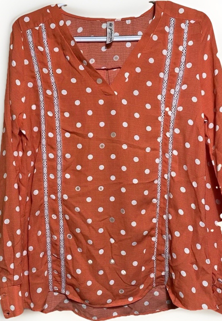 Glamour Farms women Sz S long sleeve Top Coral polka-dotted Shirt Cottage Core
