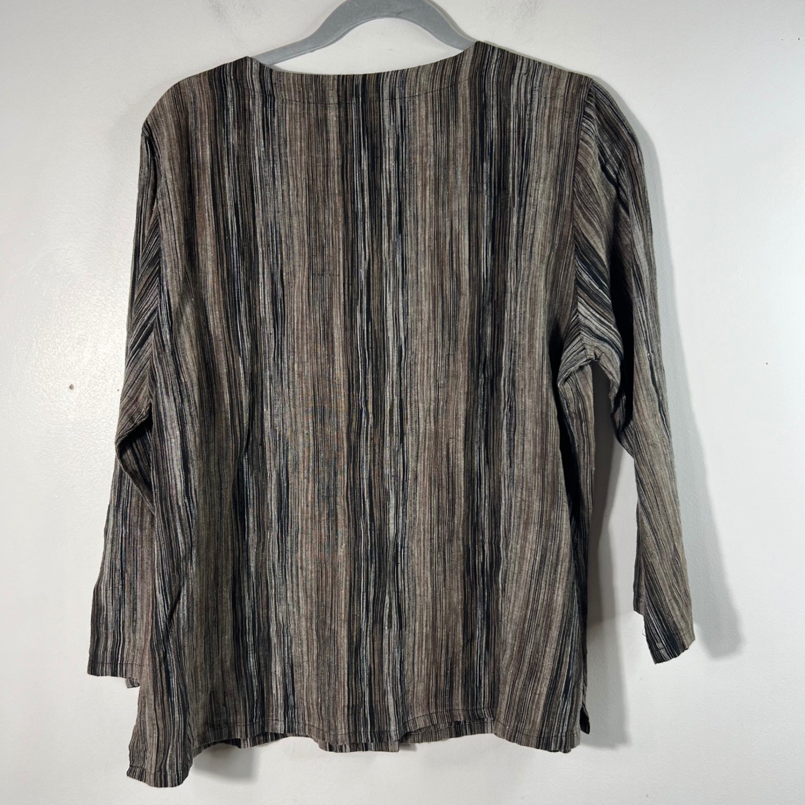 NTCO Nomadic Traders Striped Linen Tunic 3/4 Sleeve Brown Black L