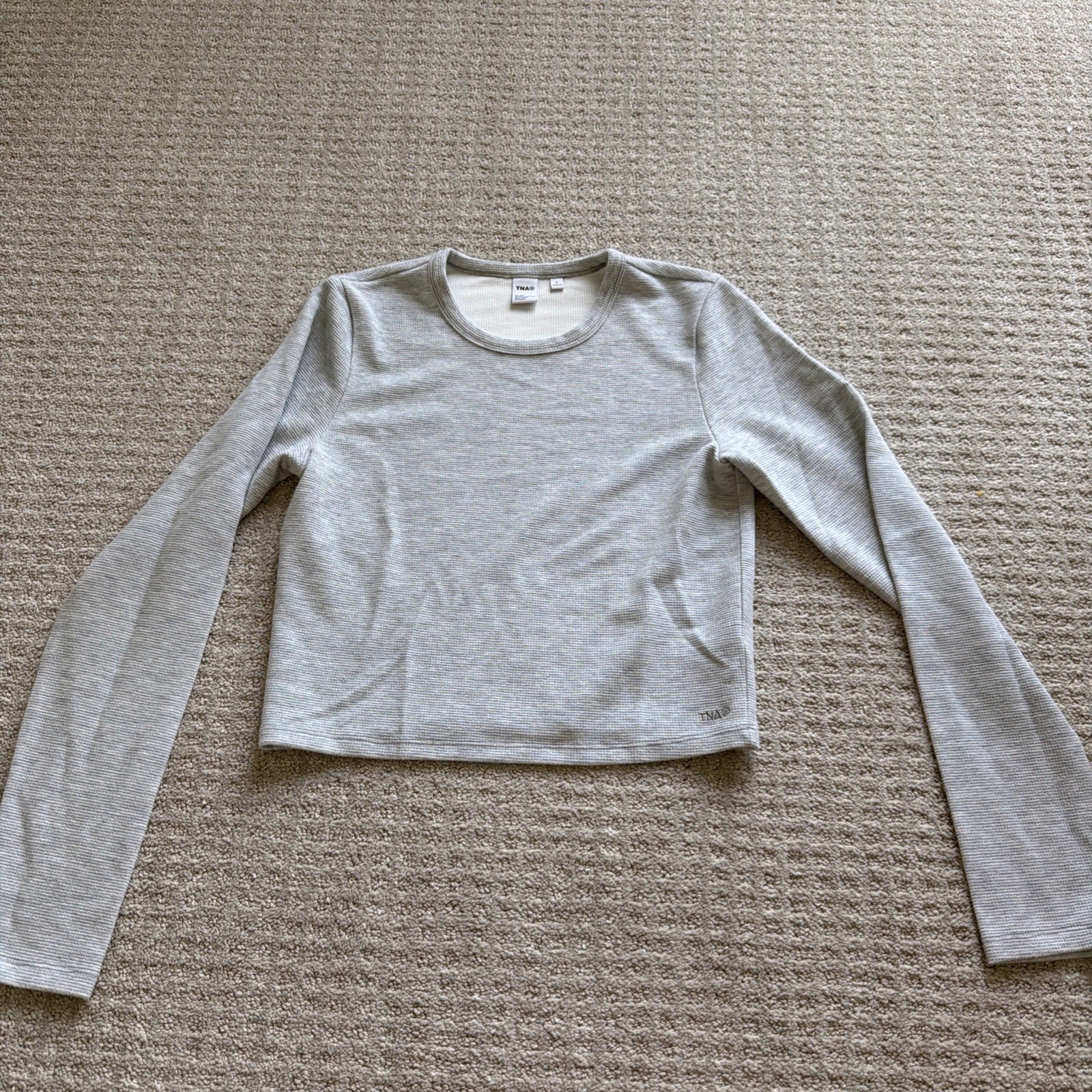 Aritzia Tna Thermal Waffle Knit Long Sleeve Cropped Shirt Womens S Gray Casual
