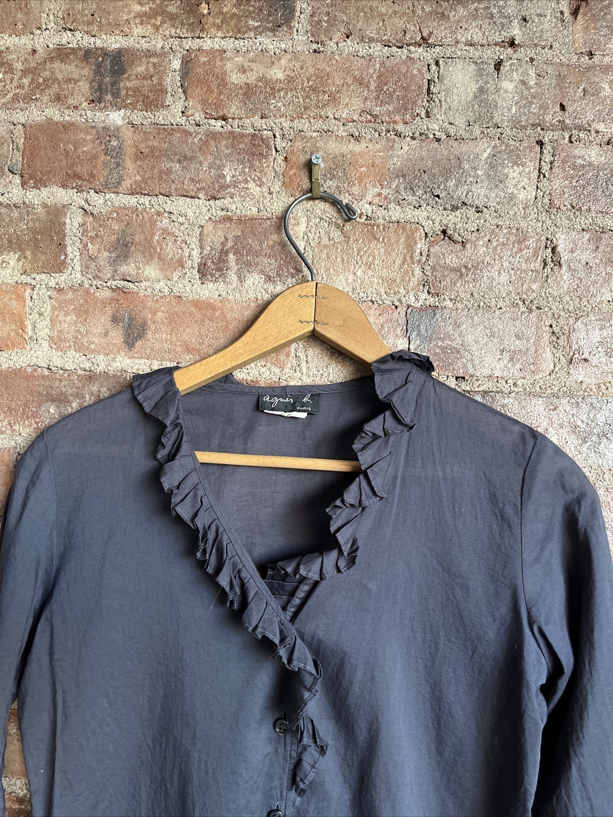 Vintage Agnes b. Women’s Blouse, Cotton, Indigo Blue Sz 36 Ruffles