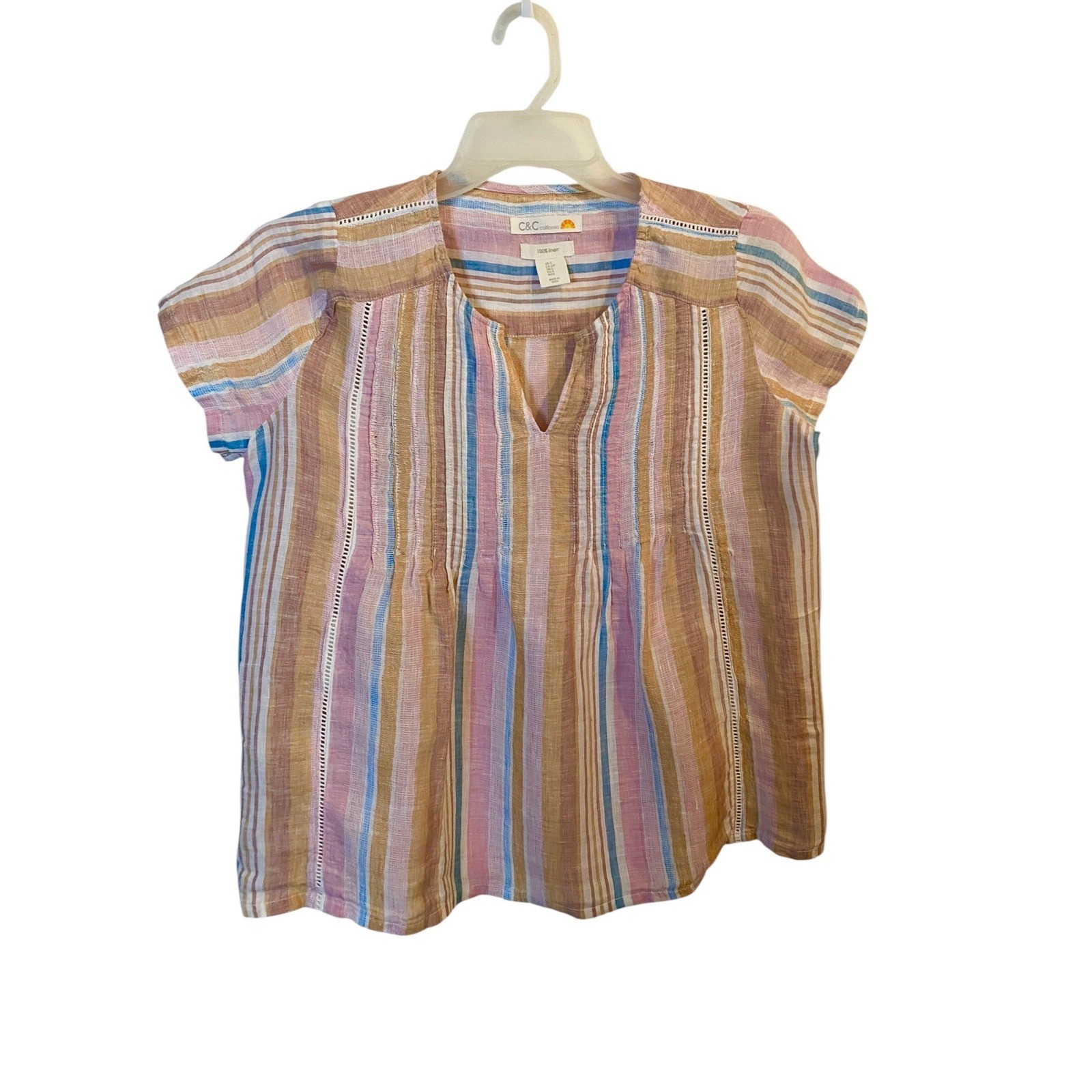 C&C California Womens 100% Linen Striped Cap Sleeve Blouse Pink Blue Small Top