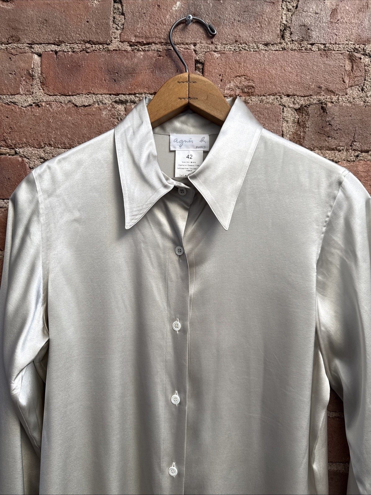 Agnes b. Women’s Silk Satin Blouse, Sz 42, Pale Stone