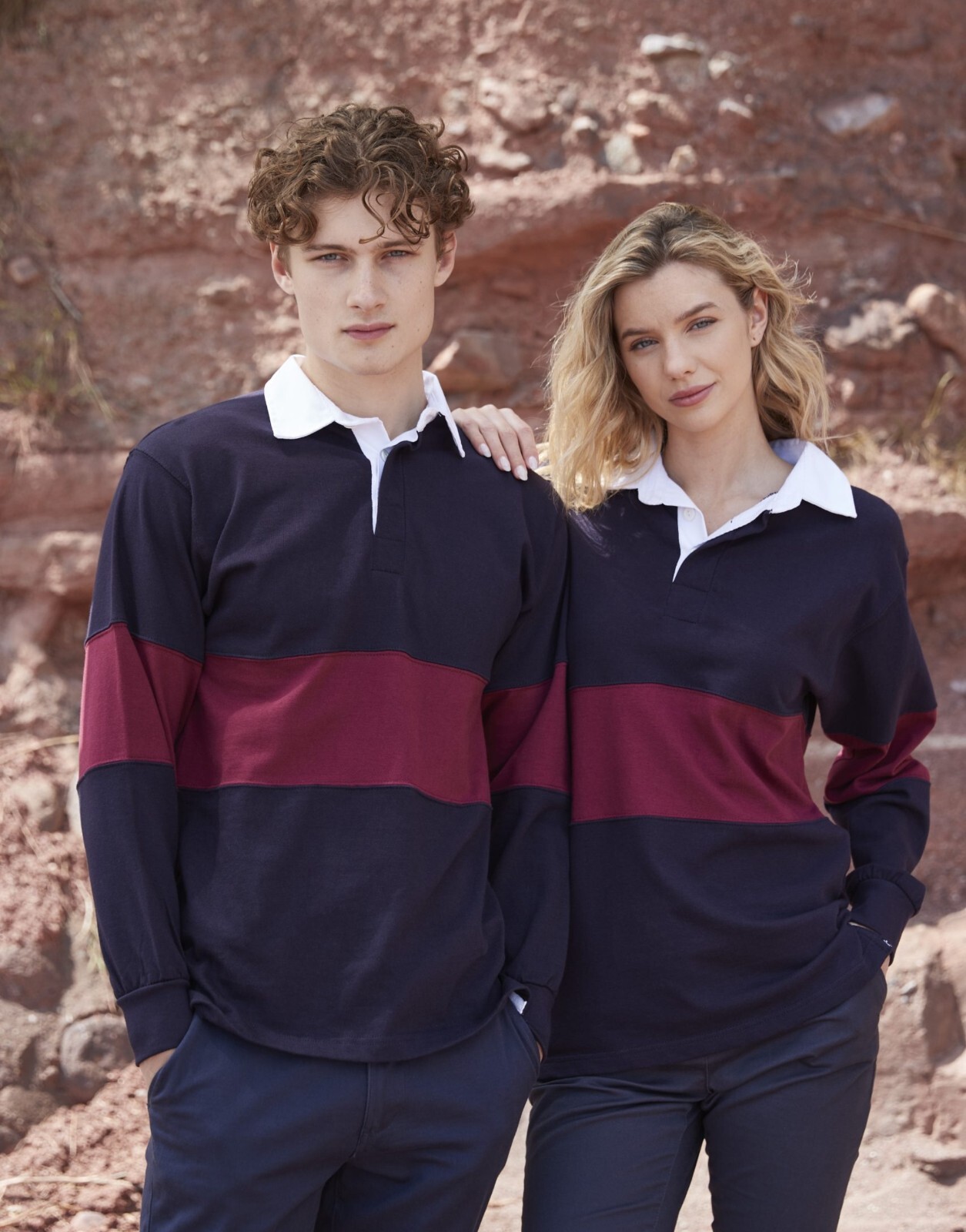 Striped Rugby Polo Shirt Mens Womens Long Sleeve Collared Cotton Top Front Row