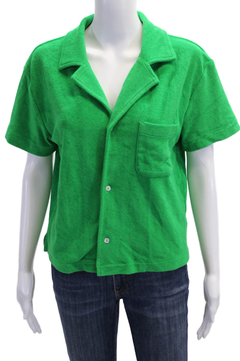 WSLY Women Basic Collared Button-Up Top Green Short Sleeve Size S