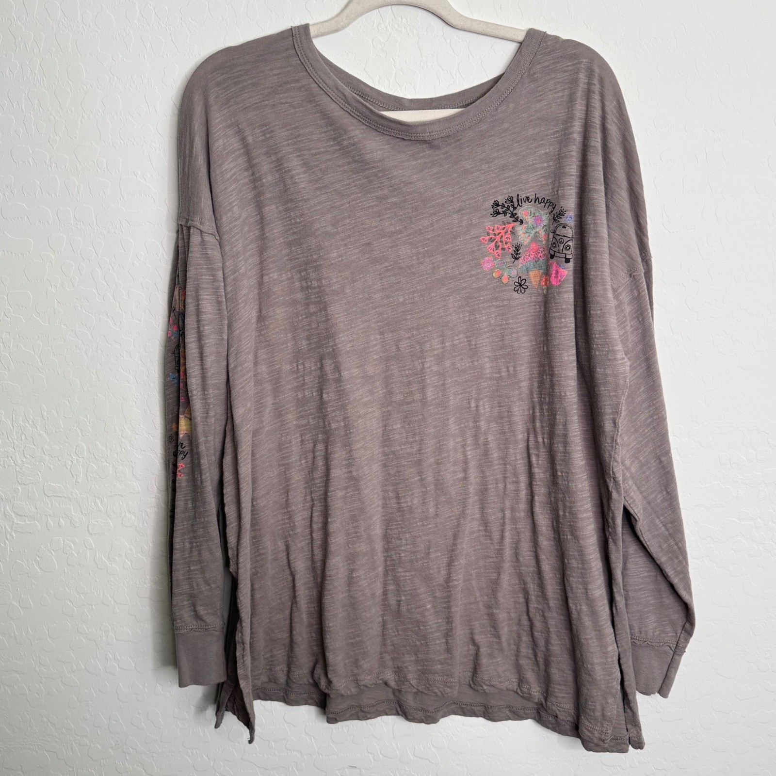 Natural Life Womens 100% Cotton Tee L Taupe Live Happy Graphic Cat Happy Sleeve