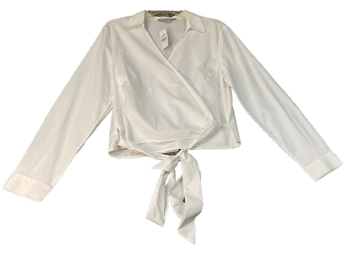 LOFT 100% Tie Front Shirt Sz L White Long Sleeve Flowy Coastal Shirt